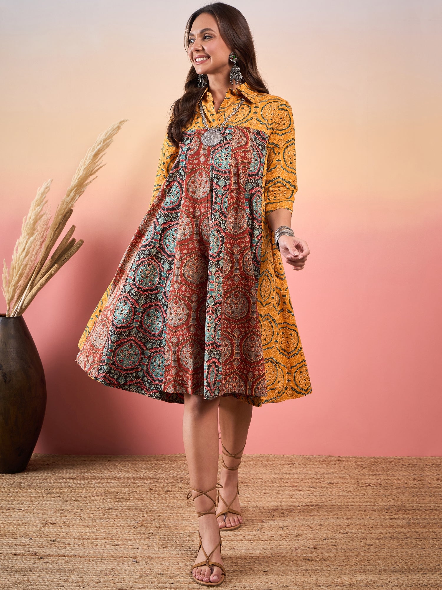 Mustard Mughal Print Collar Multi Kalidar Flared Dress