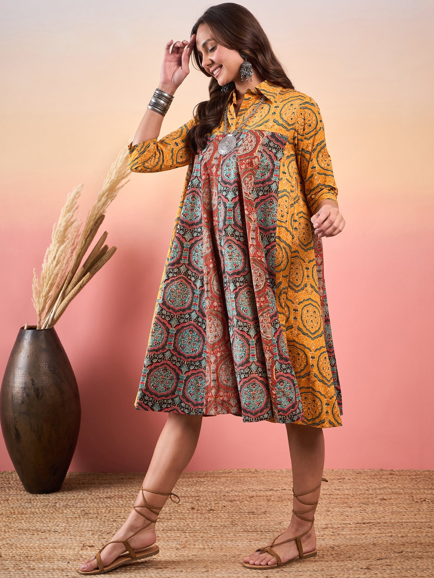 Mustard Mughal Print Collar Multi Kalidar Flared Dress