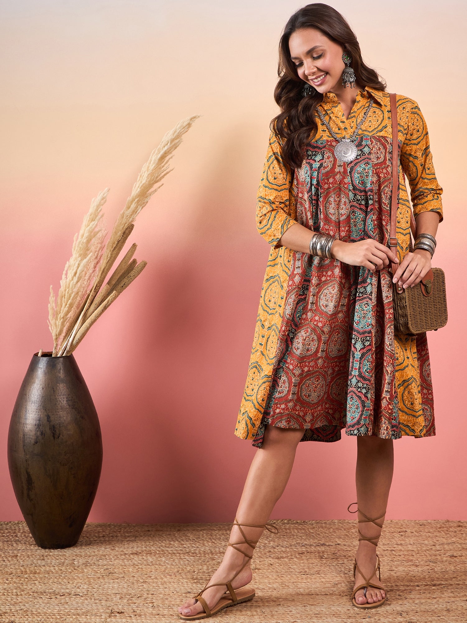 Mustard Mughal Print Collar Multi Kalidar Flared Dress