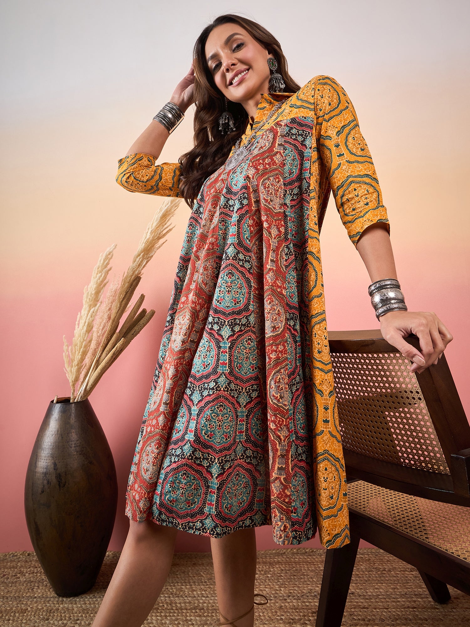 Mustard Mughal Print Collar Multi Kalidar Flared Dress