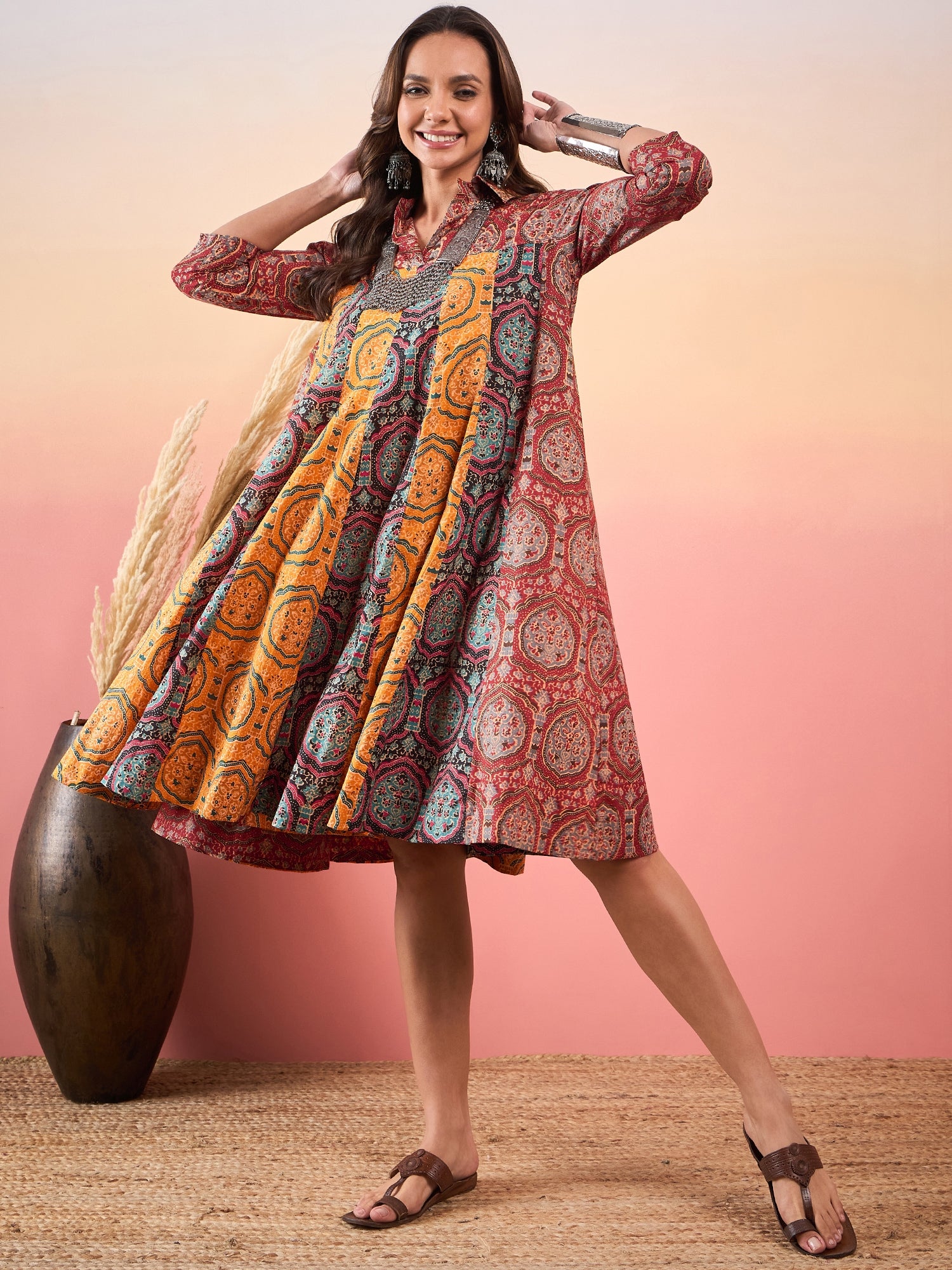 Maroon Mughal Print Collar Multi Kalidar Flared Dress