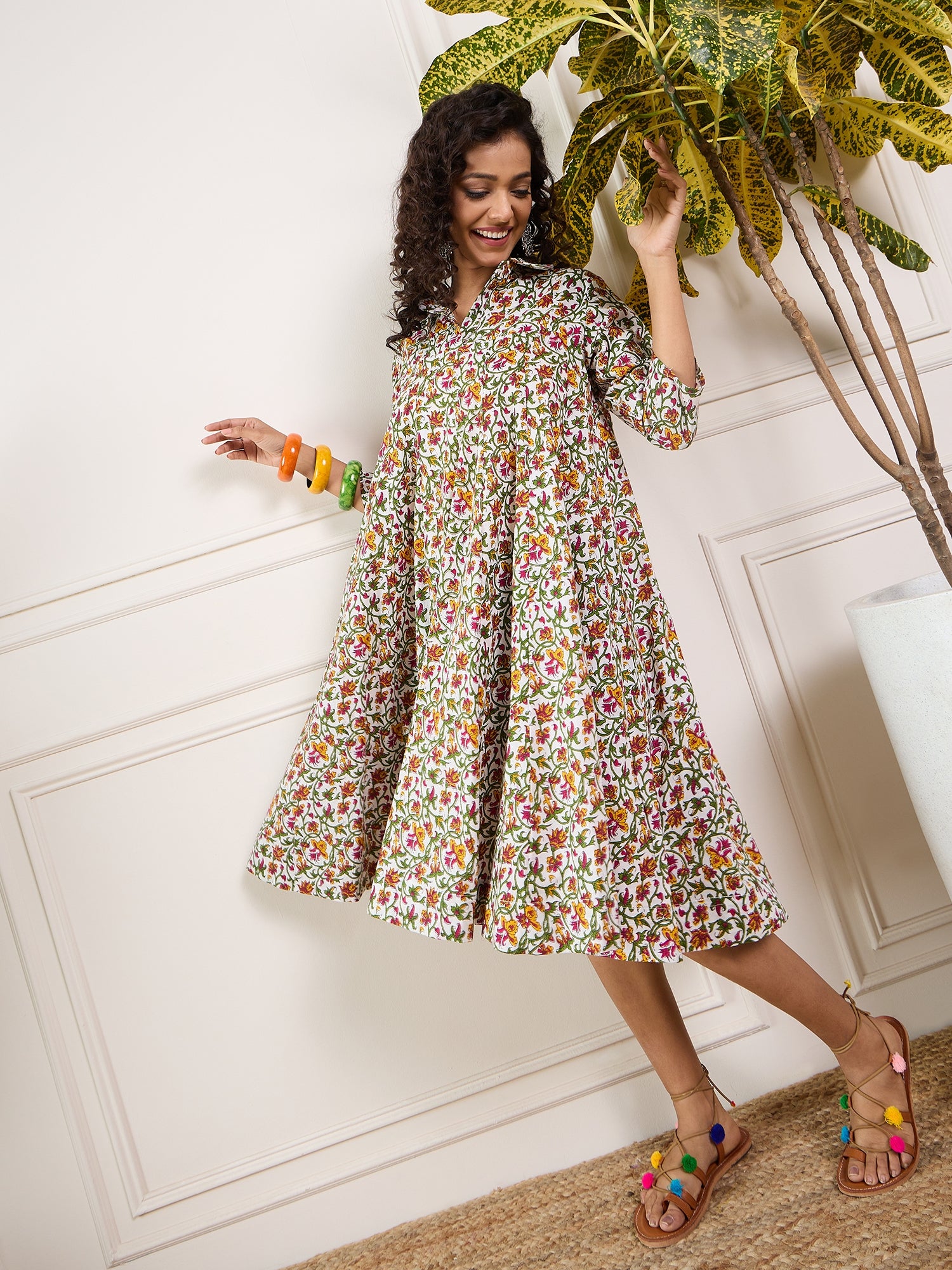 Pink Floral Green Jaal Collar Flared Dress