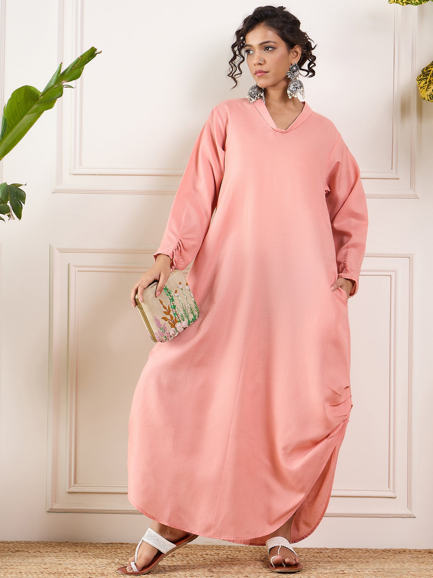 Coral Shawl Neck Long Side Pleat Dress