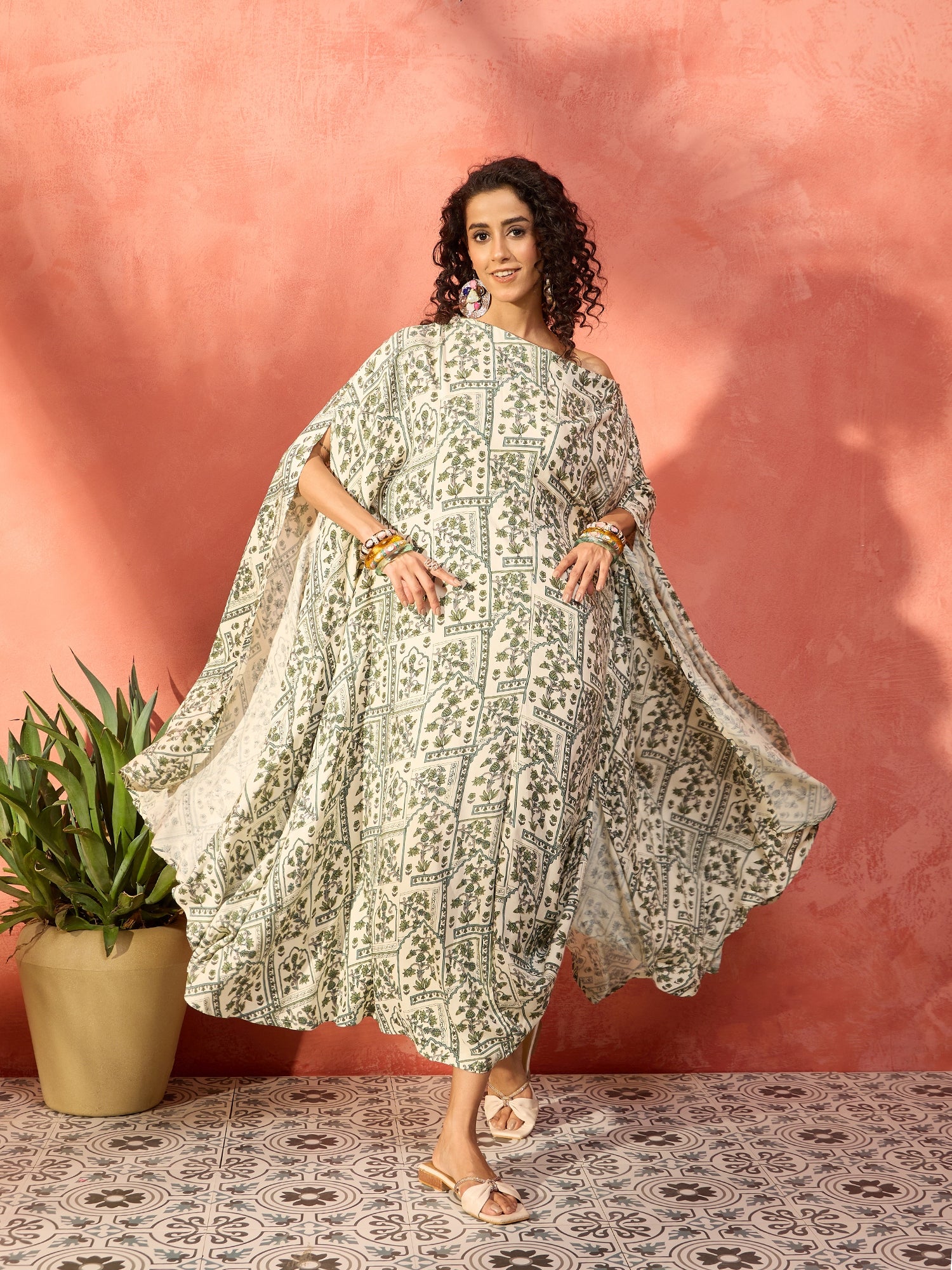 Sea Green Ethnic Window Floral Cowl Kaftan