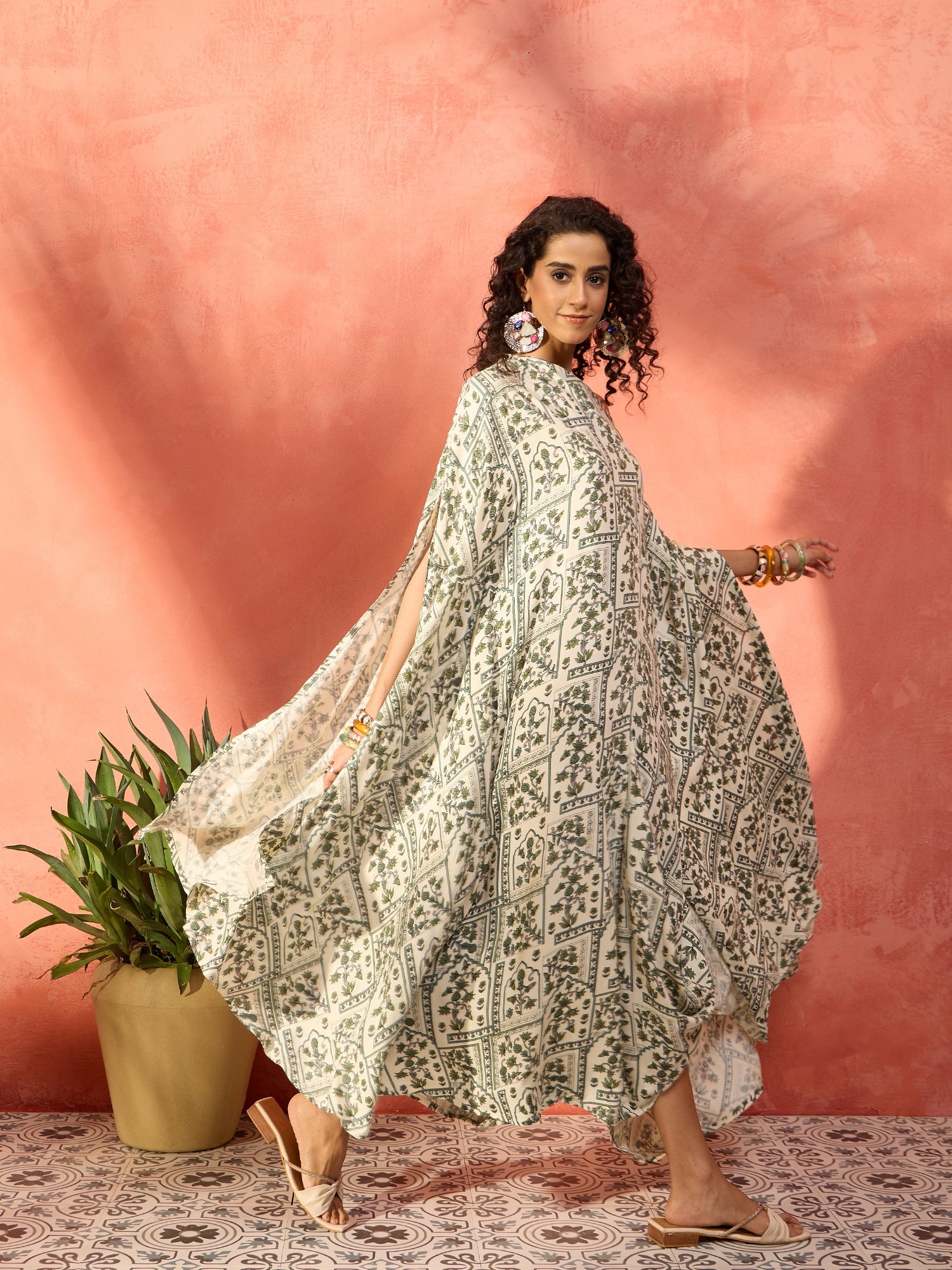 Sea Green Ethnic Window Floral Cowl Kaftan