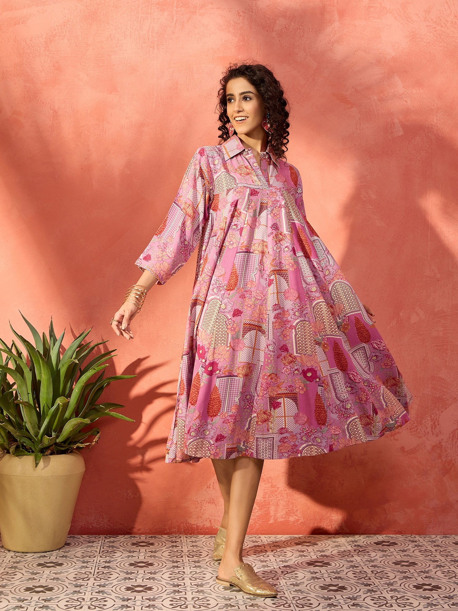 Dull Pink Window Floral Flared Collar Dress