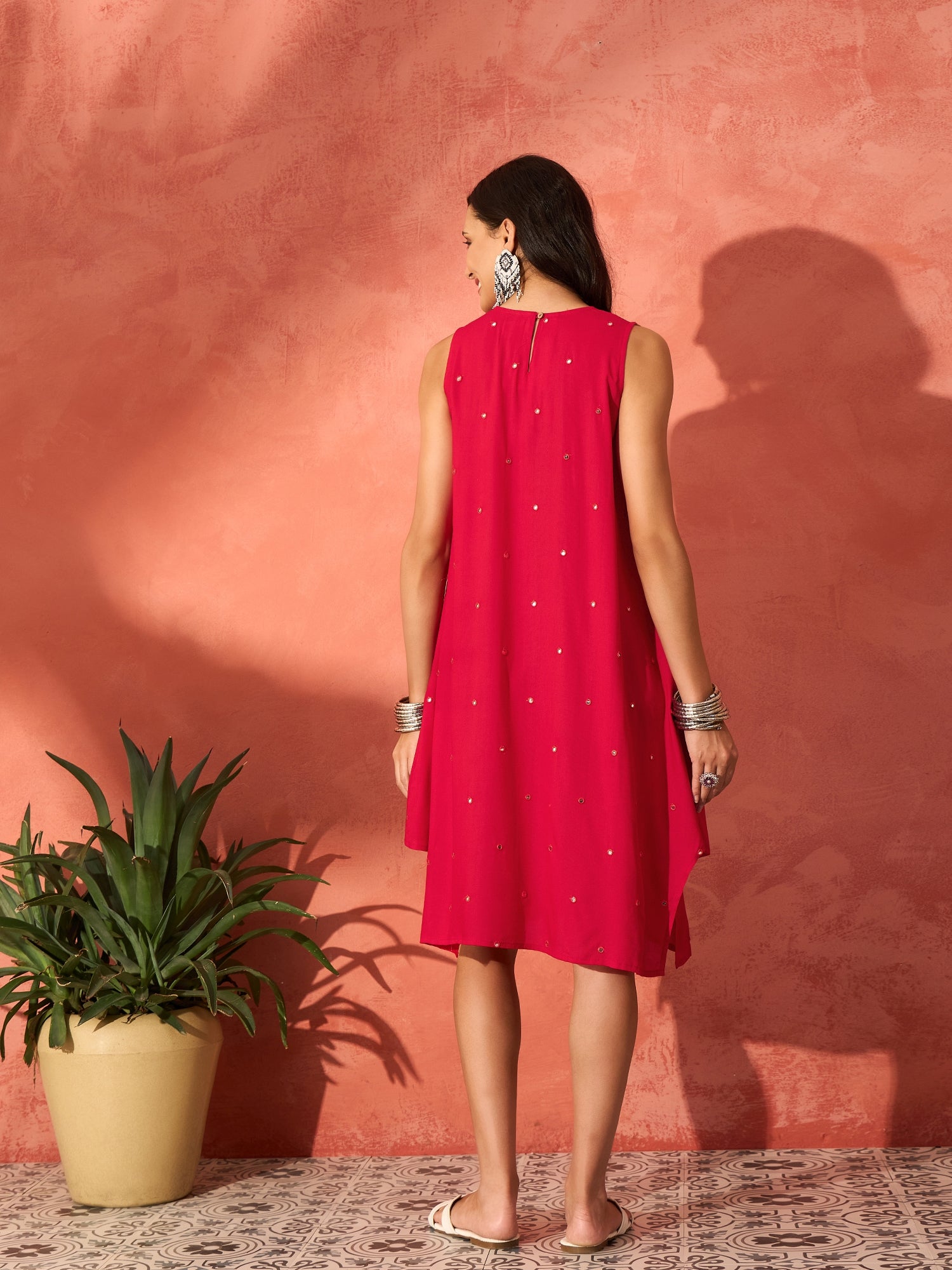 Red Mirror Work Round Neck W/S Dress