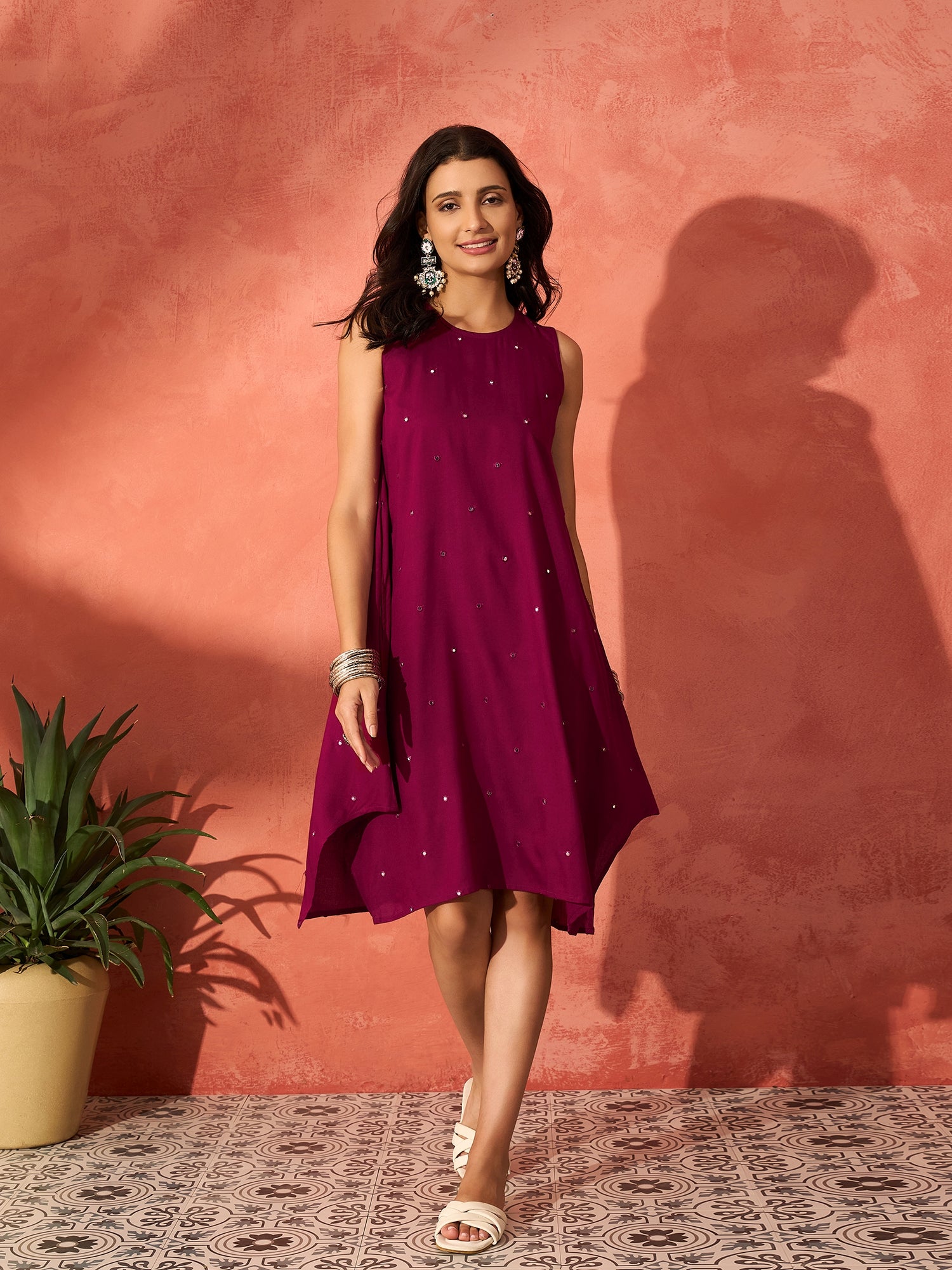 Wine Mirror Work Round Neck W/S Dress