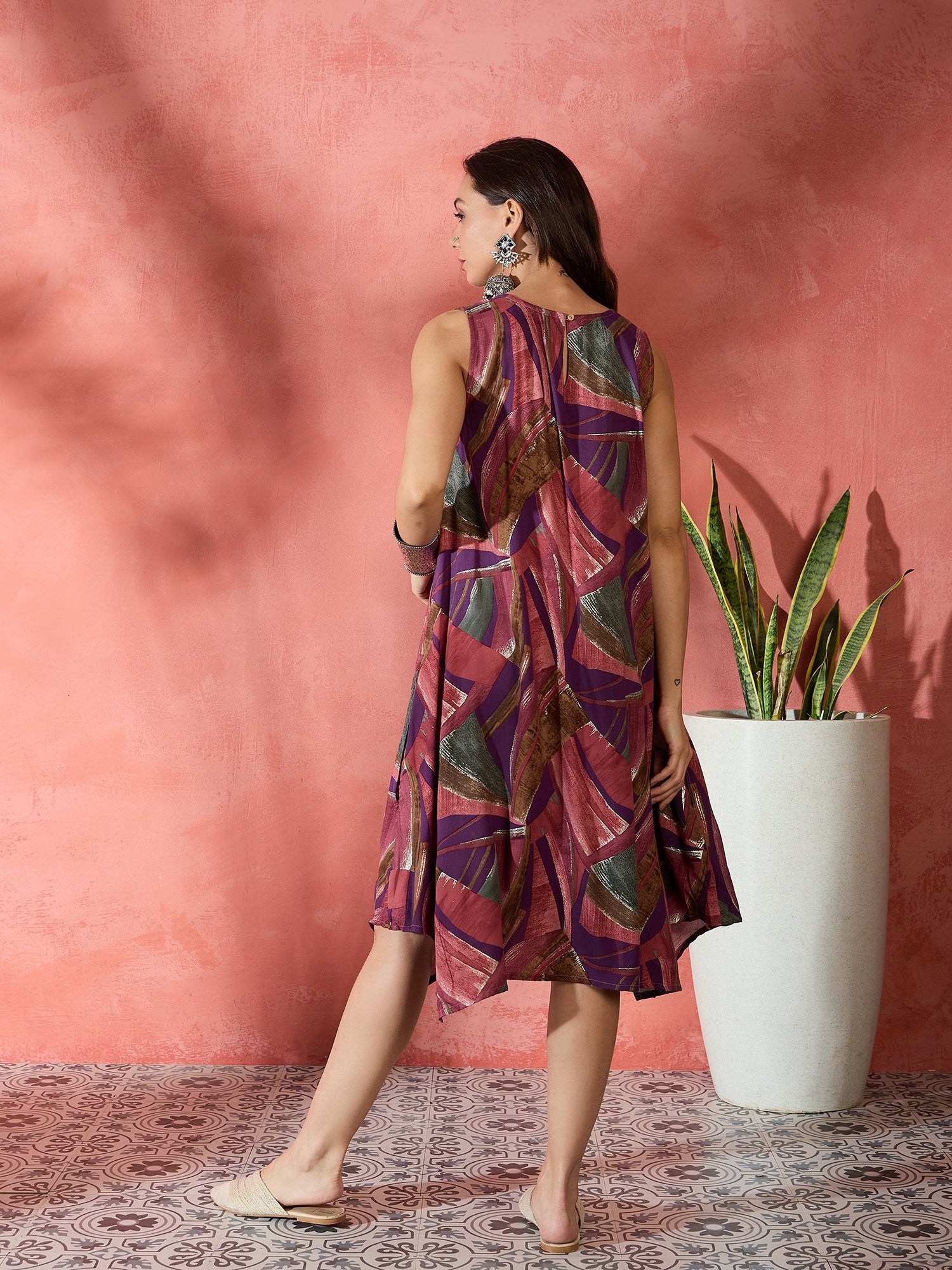 Chestnut Brown Purple Foil R Neck Dress