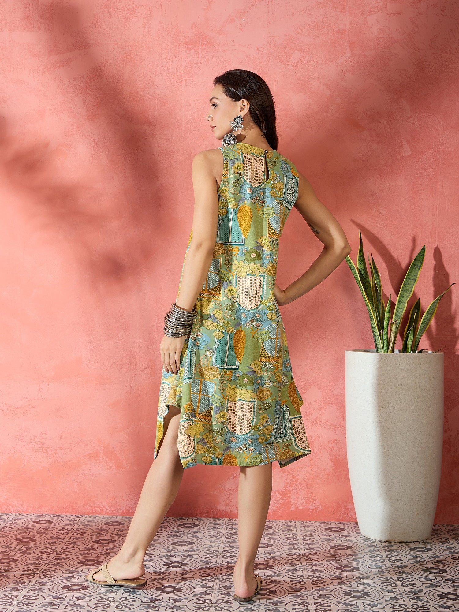 Pear Green Window Print R Neck Dress