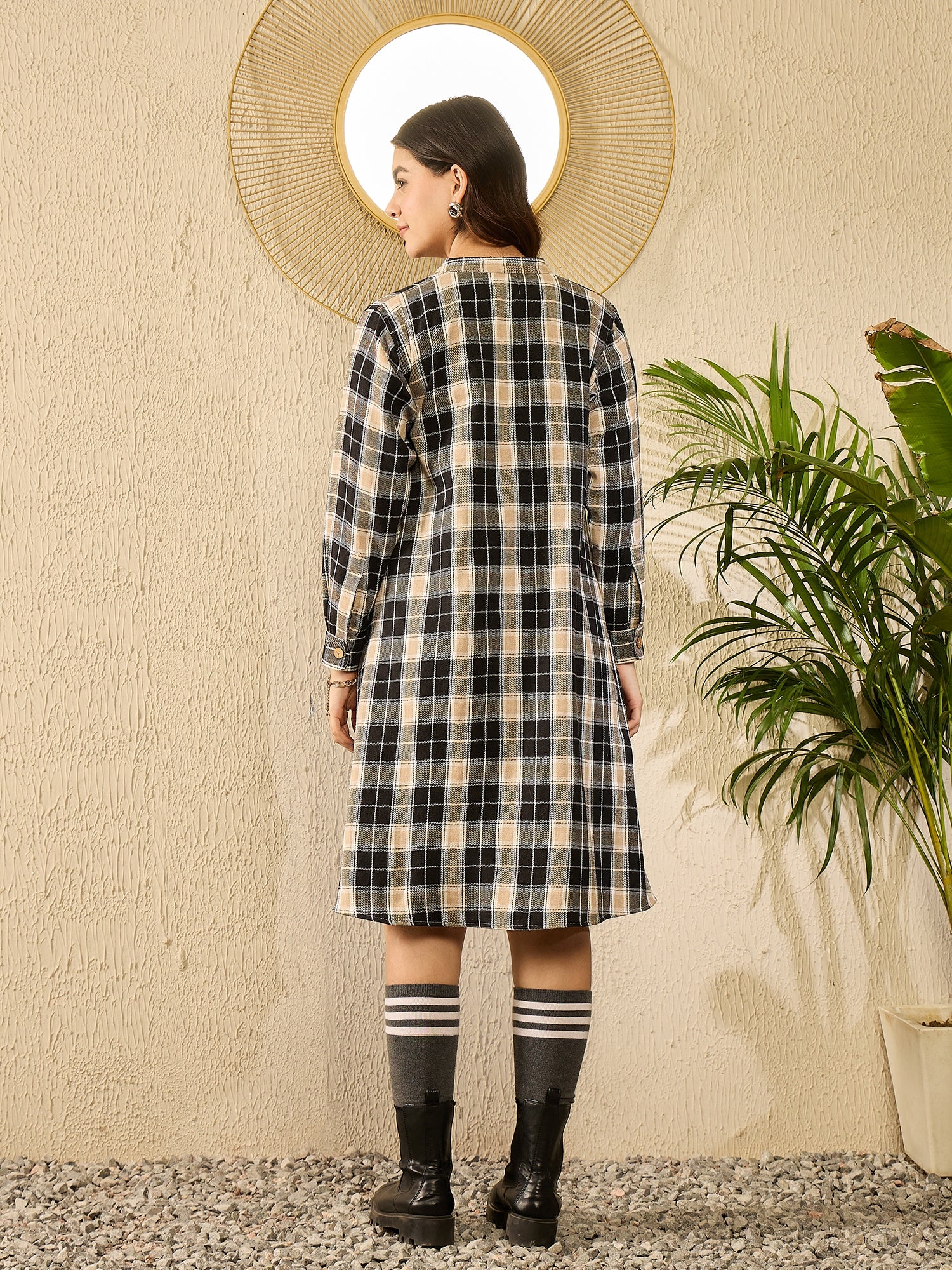 Black Beige Check Mandarin Button Neck Dress