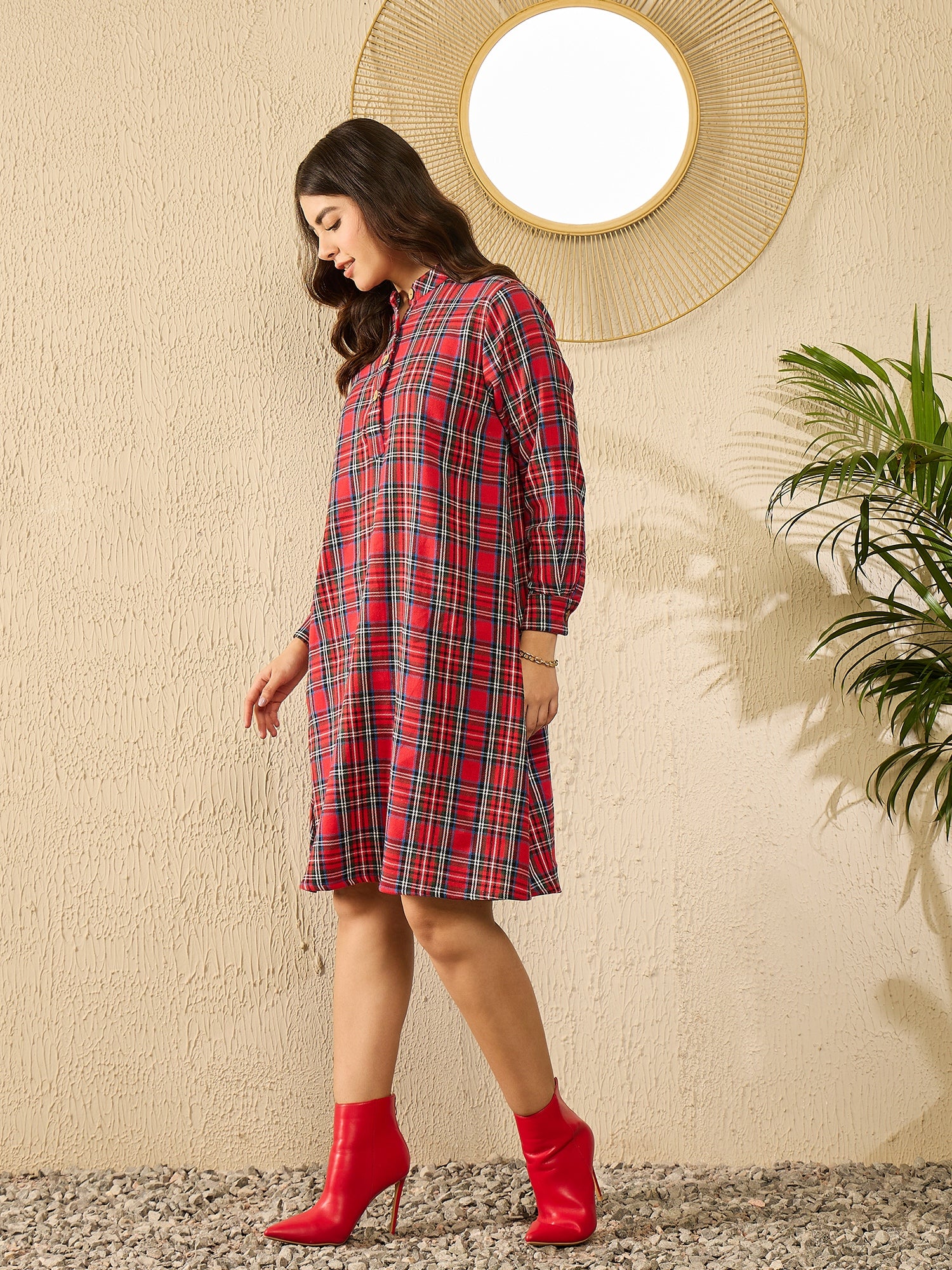 Red Green Check Mandarin Button Neck Dress