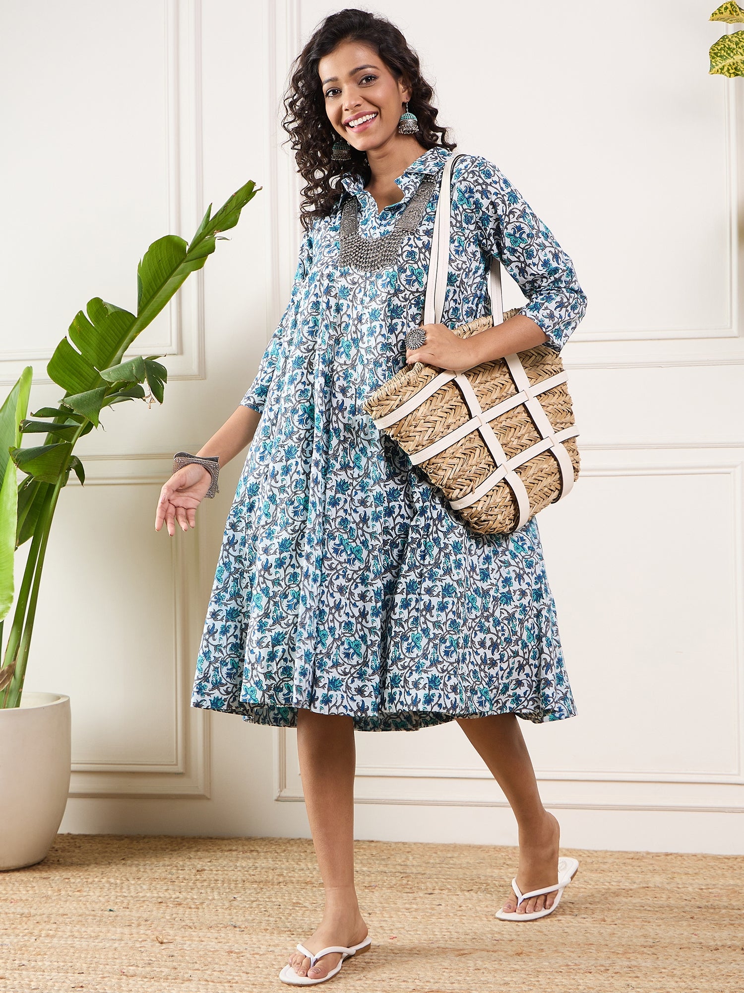 Aqua Blue Floral Grey Jaal Collar Flared Dress