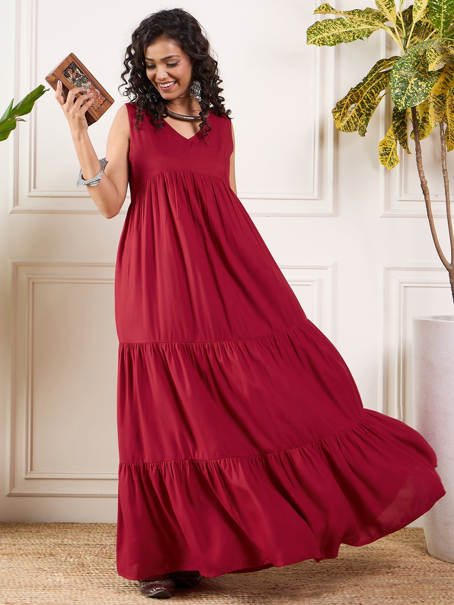 Maroon V Neck Sleeveless Long Tiered Dress