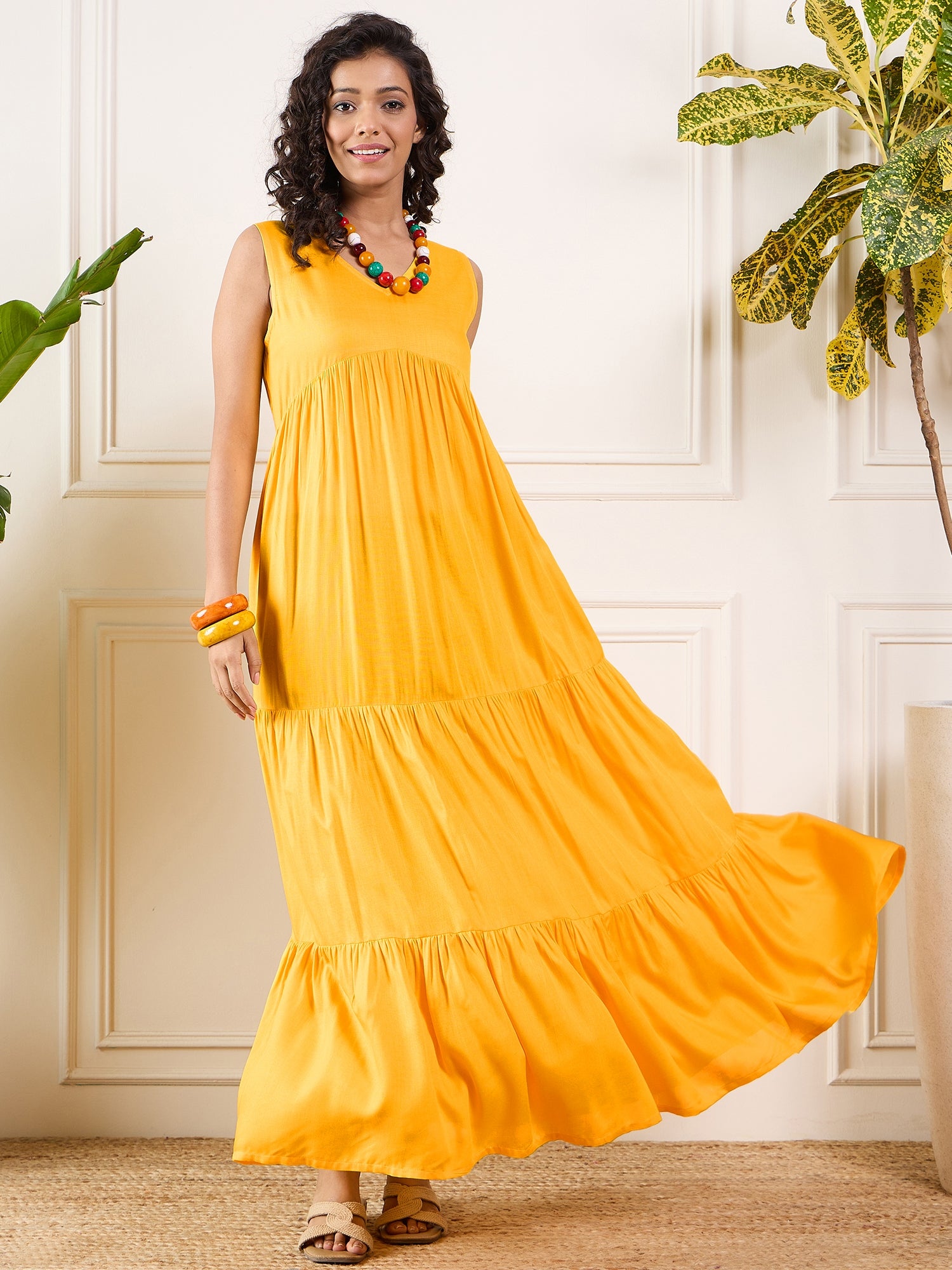 Yellow V Neck Sleeveless Long Tiered Dress