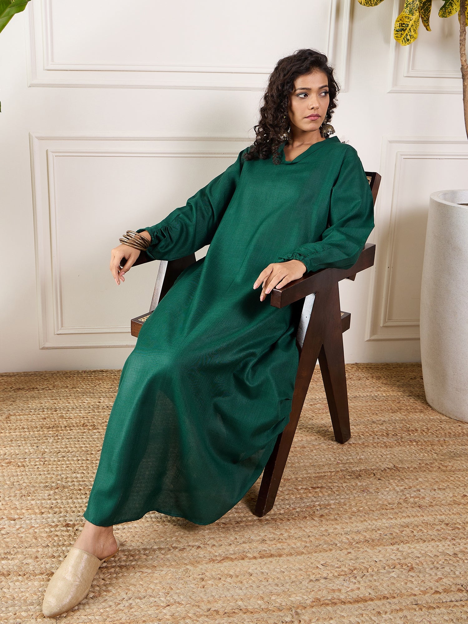 Dark Green Shawl Neck Pleat Dress