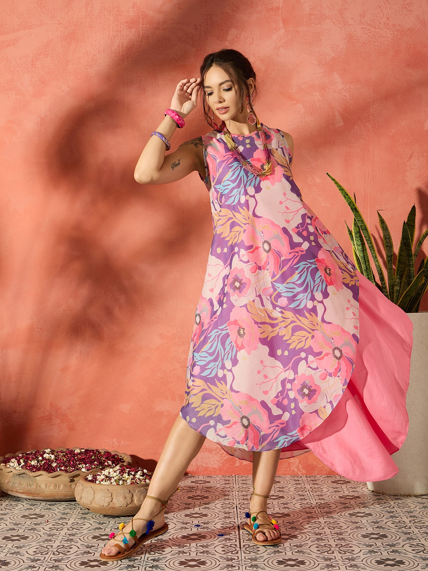 Purple Floral Peach Asymmetrical Dress