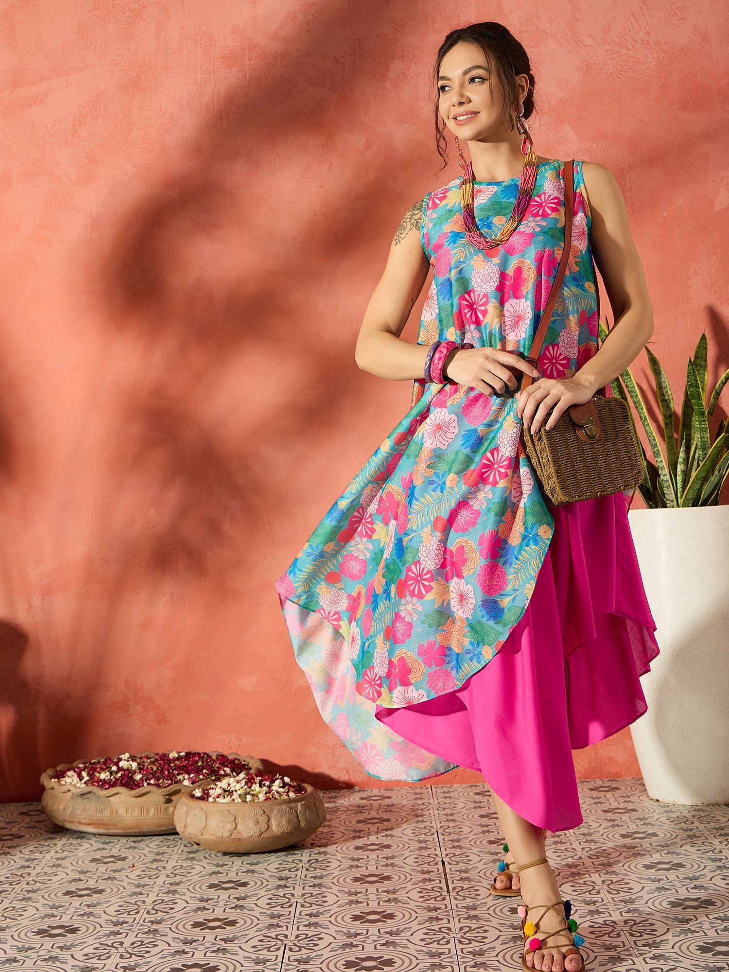 Blue Floral Fuchsia Asymmetrical Dress