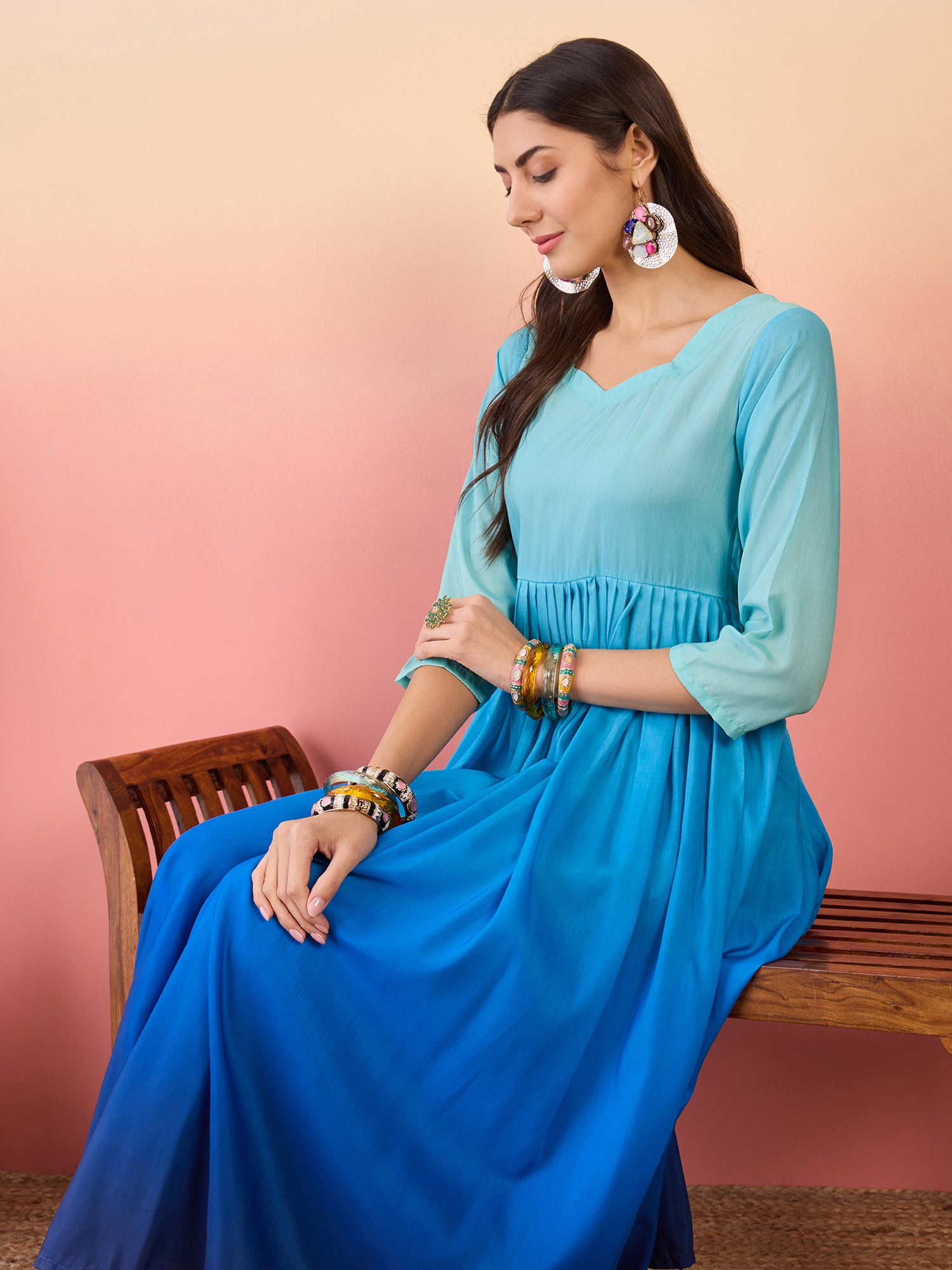 Light Aqua Blue Dyed Sweetheart Neck Long Anarkali Kurta