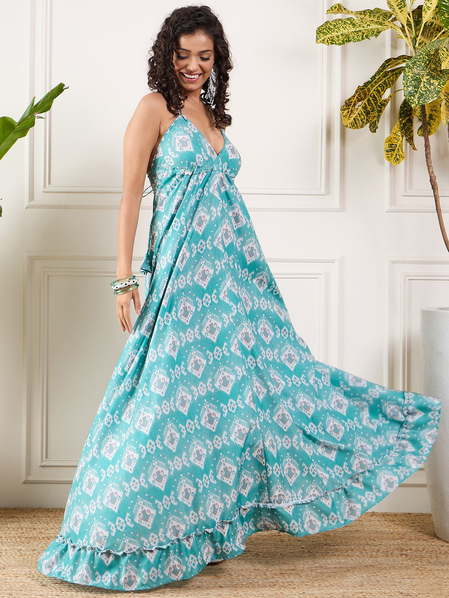 Turquoise White Ikkat Print Neck Long Backless Dress