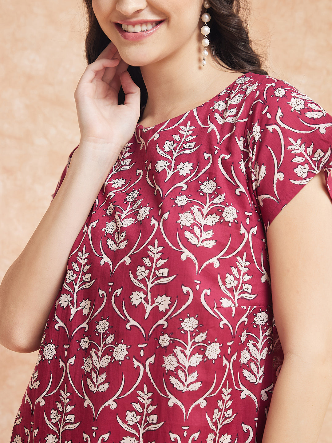 Wine Cream Floral Print A Line Dress