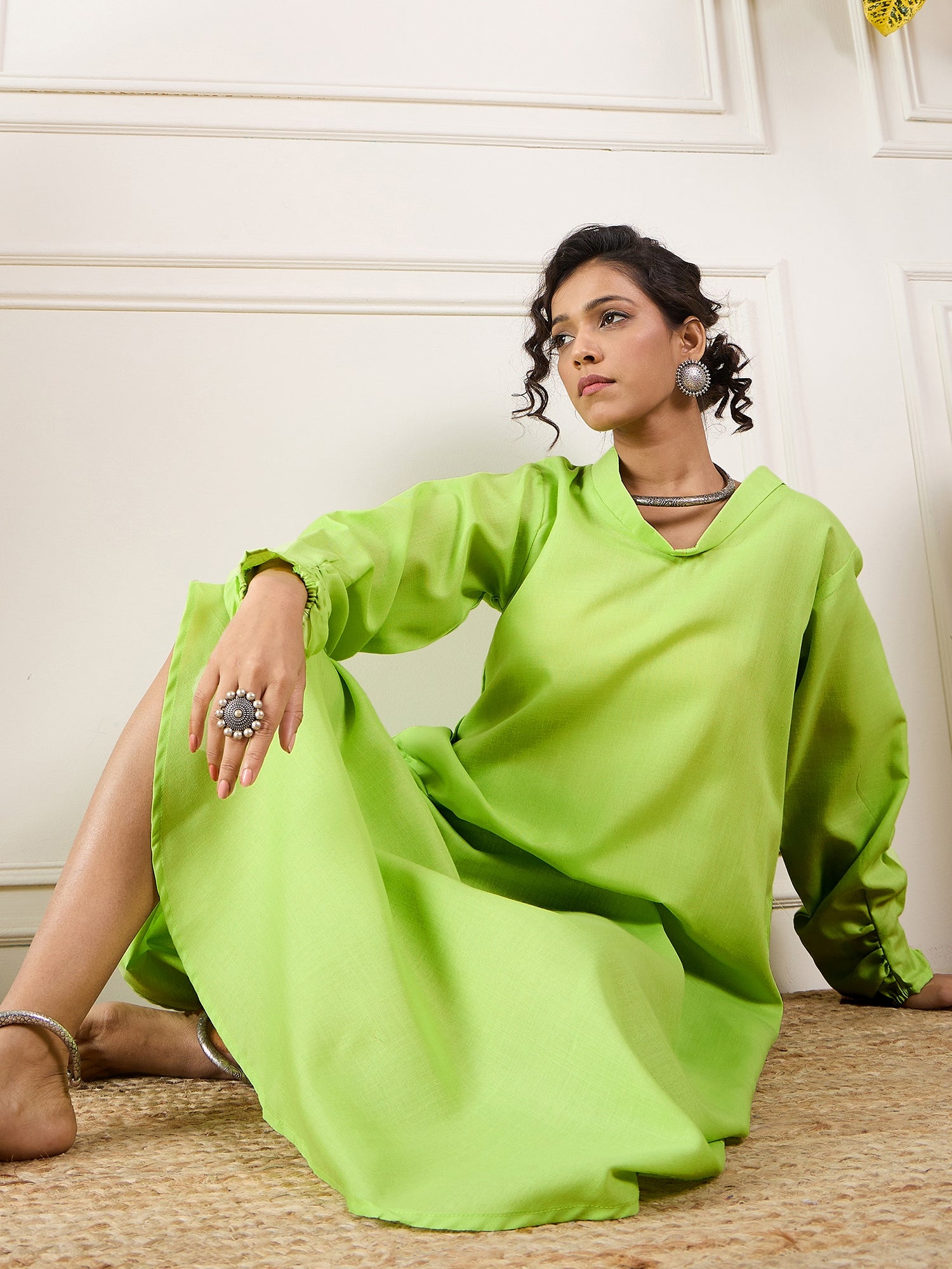 Neon Green Shawl Neck Long Side Pleat Dress