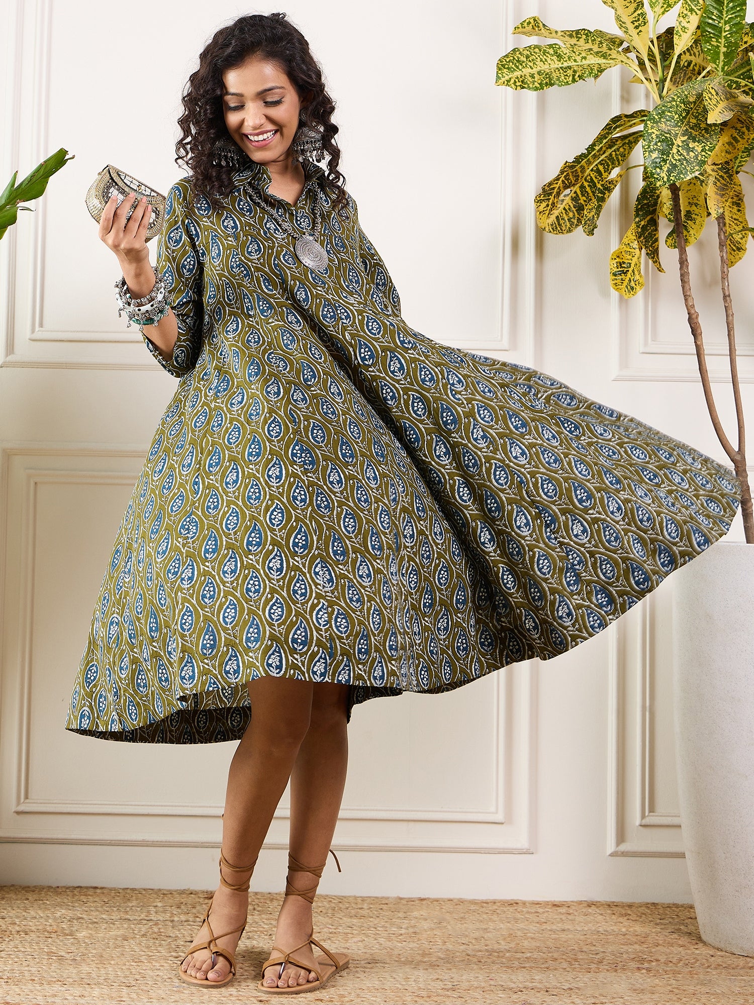 Olive Indigo Ajrak Leaves Collar Flared Dress