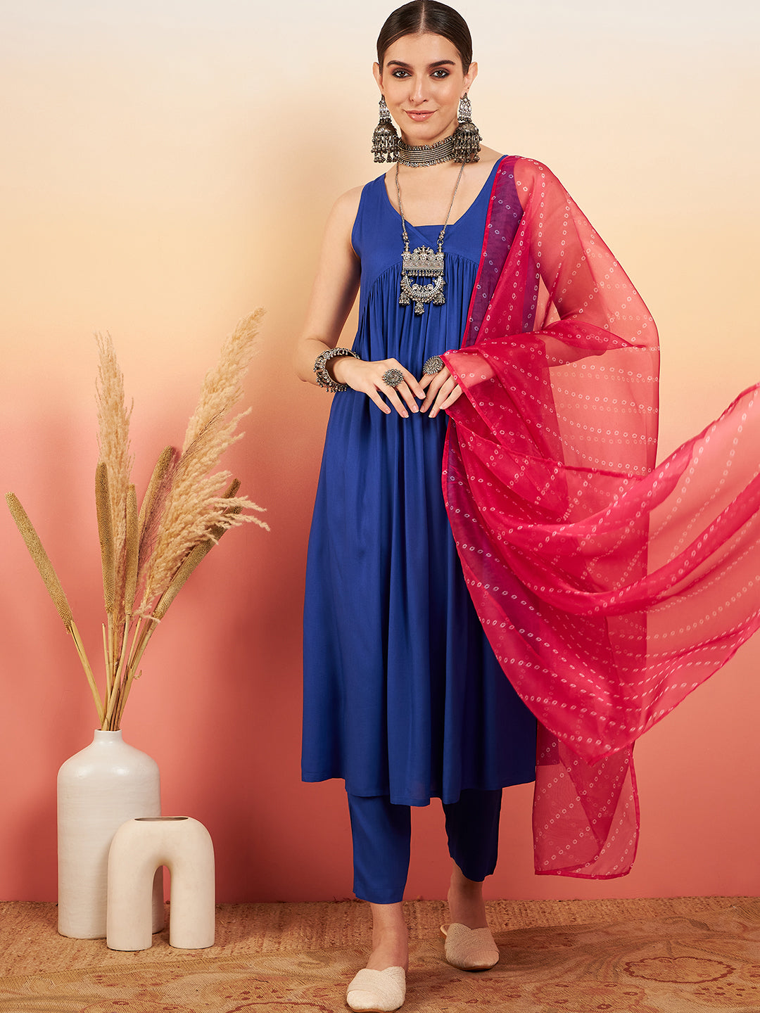 Ink Blue Sleeveless Flared Kurta Set Fuschia Ba Or Dupatta