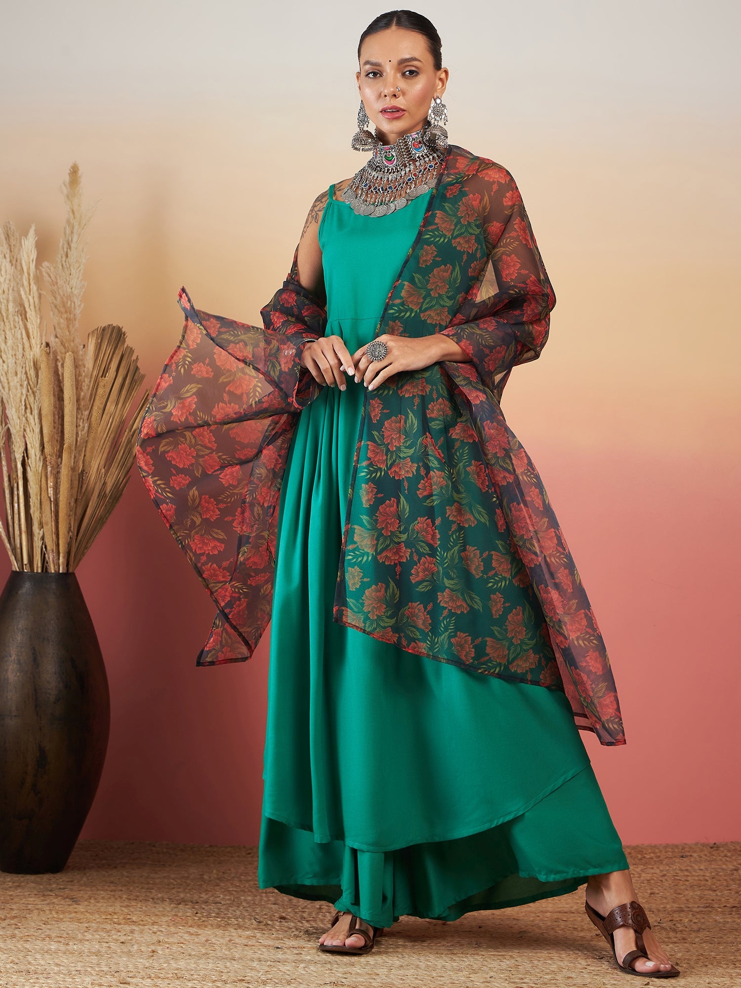 EMERALD GREEN STRAPPY W BLACK ORANGE FLORAL PRINT OR DUPATTA SET