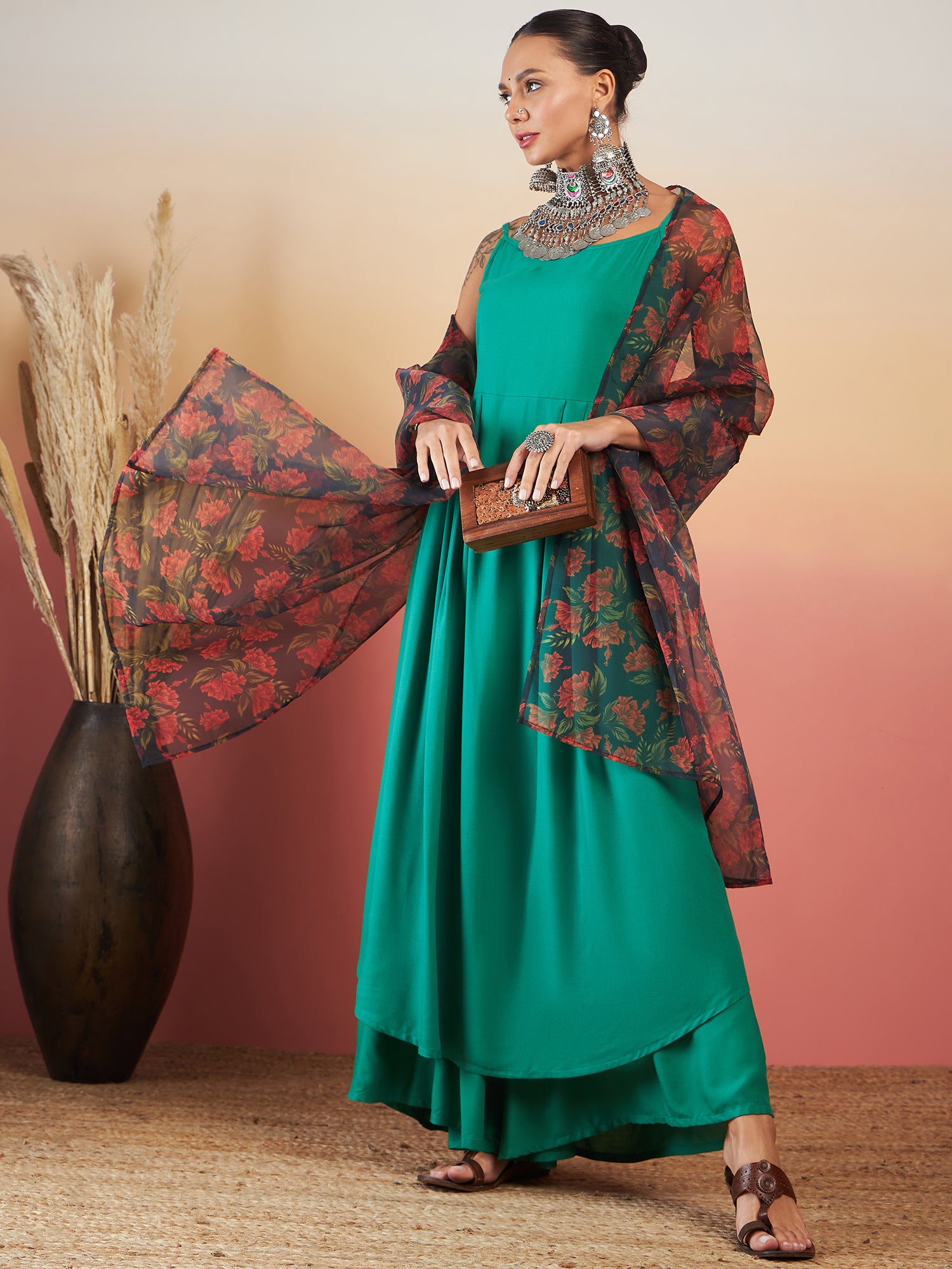 EMERALD GREEN STRAPPY W BLACK ORANGE FLORAL PRINT OR DUPATTA SET