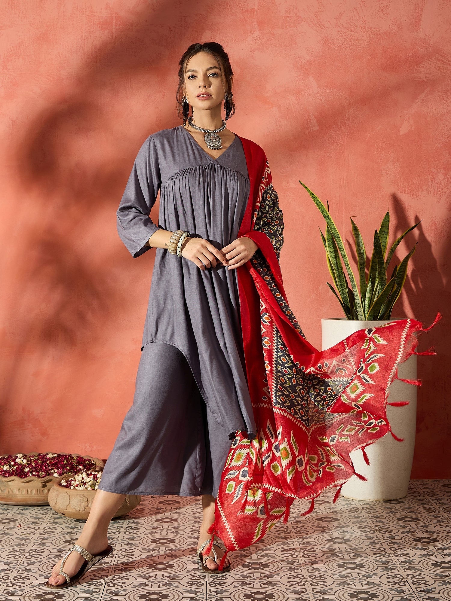 Grey Flared Patola Kurta Palazzo Set