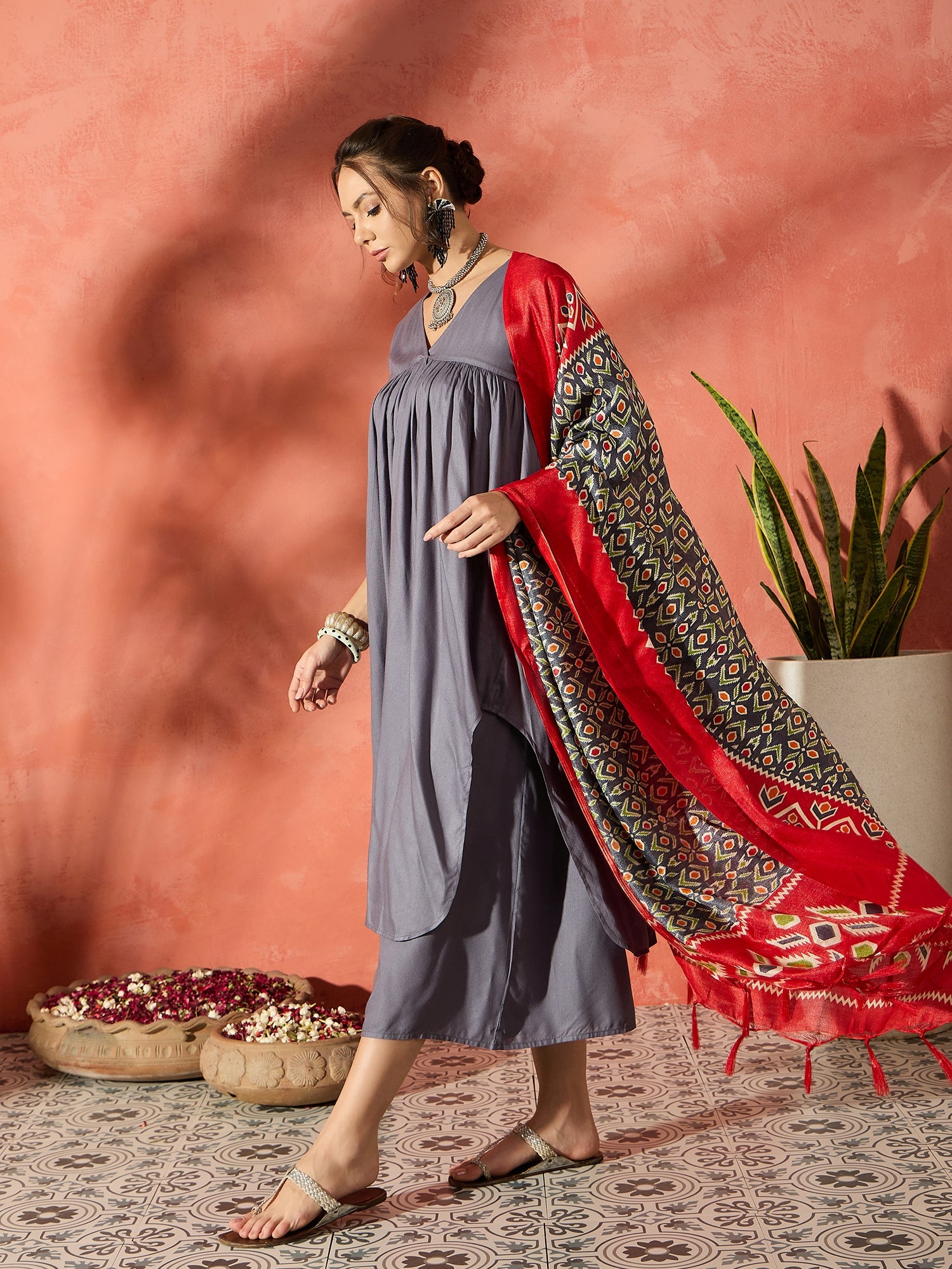 Grey Flared Patola Kurta Palazzo Set