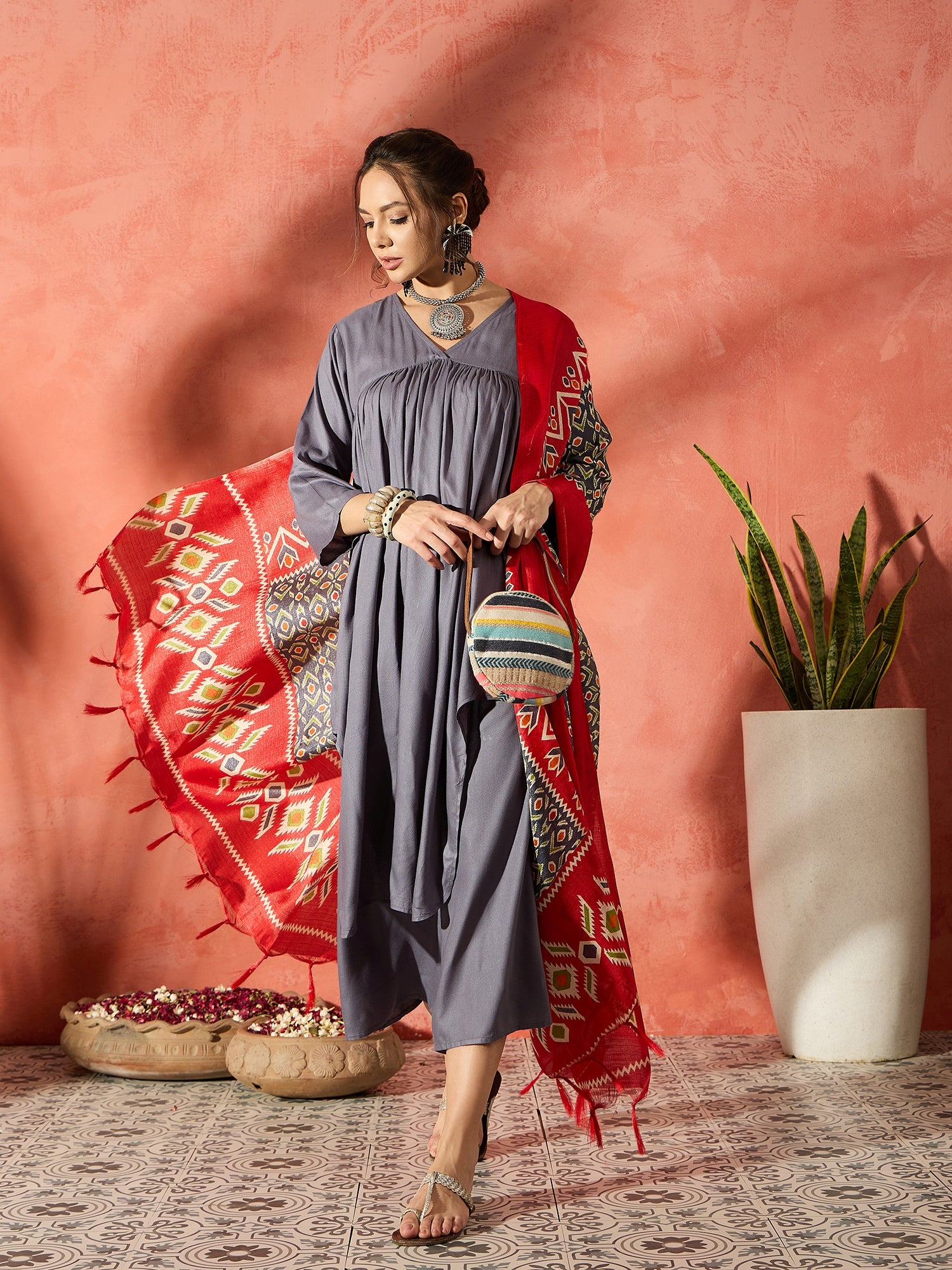 Grey Flared Patola Kurta Palazzo Set