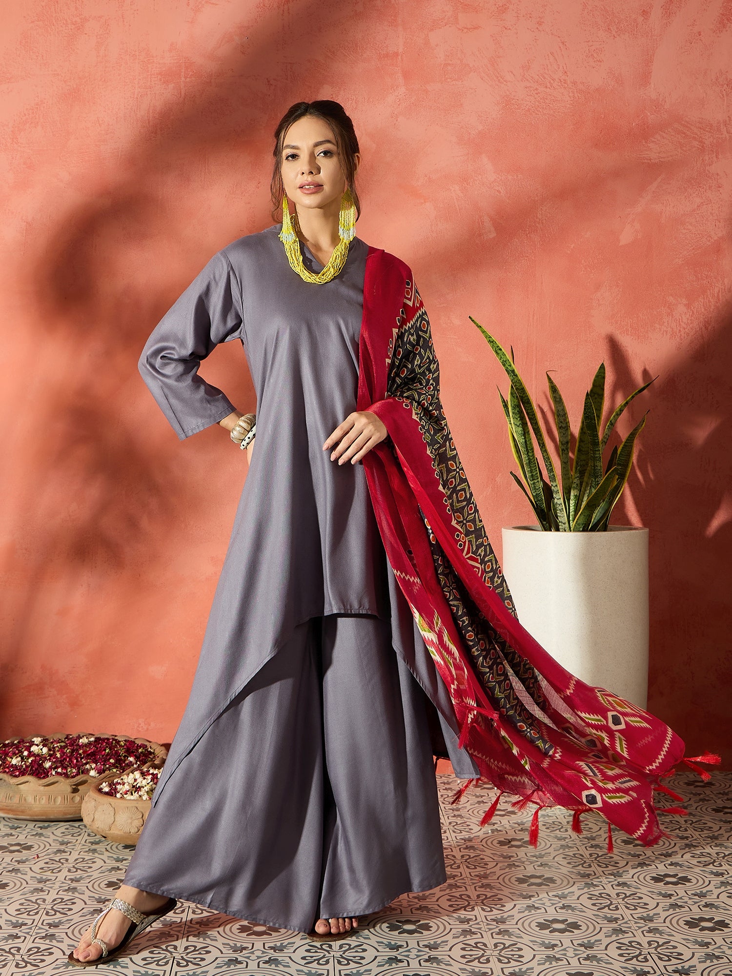 Grey Mandarin Patola Kurta Set