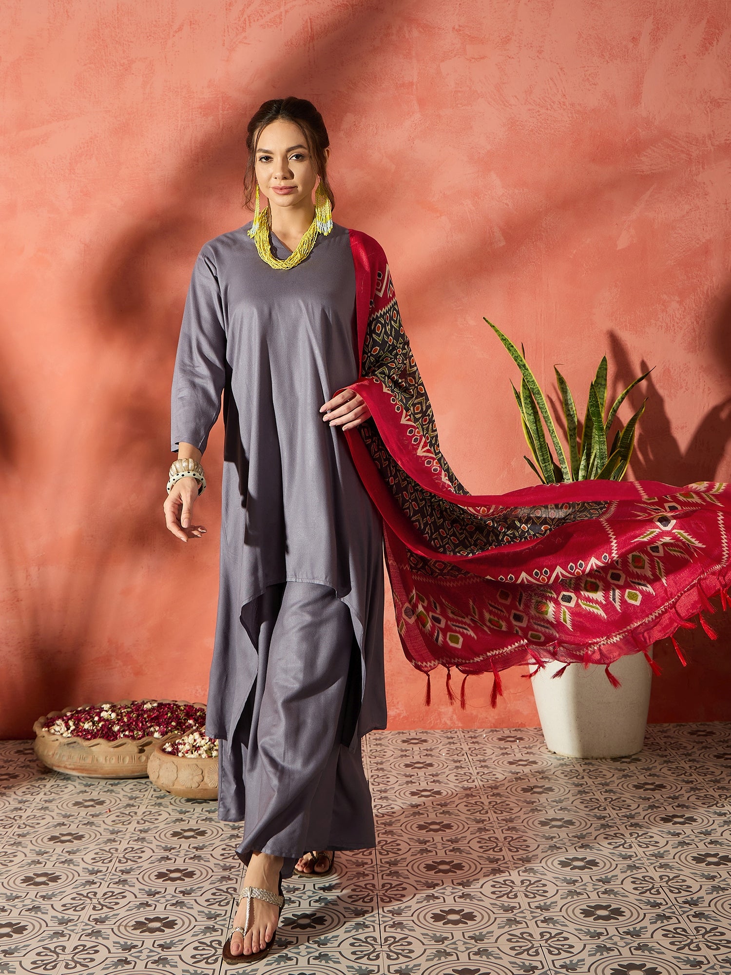 Grey Mandarin Patola Kurta Set