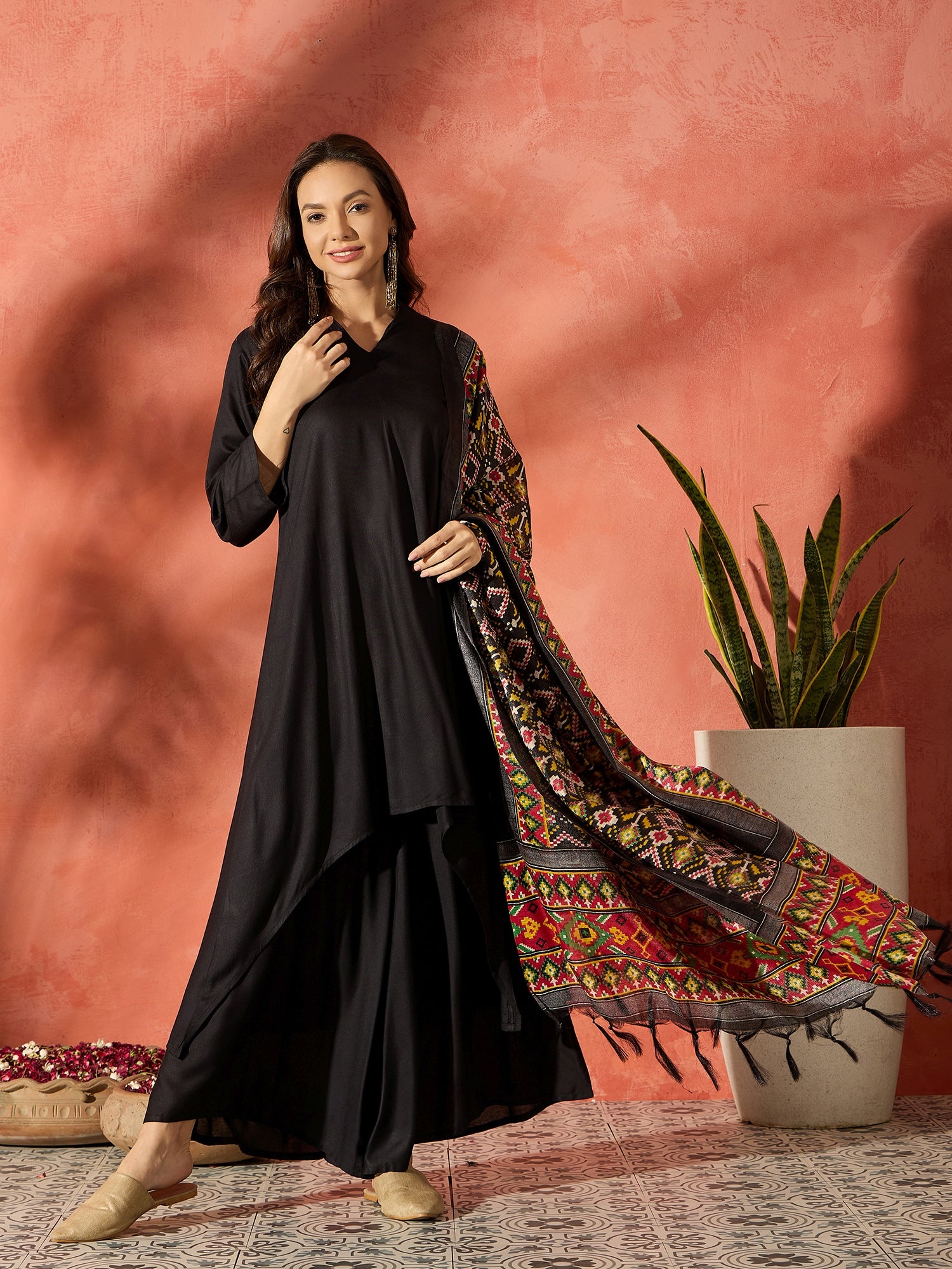 Black Mandarin Patola Kurta Set