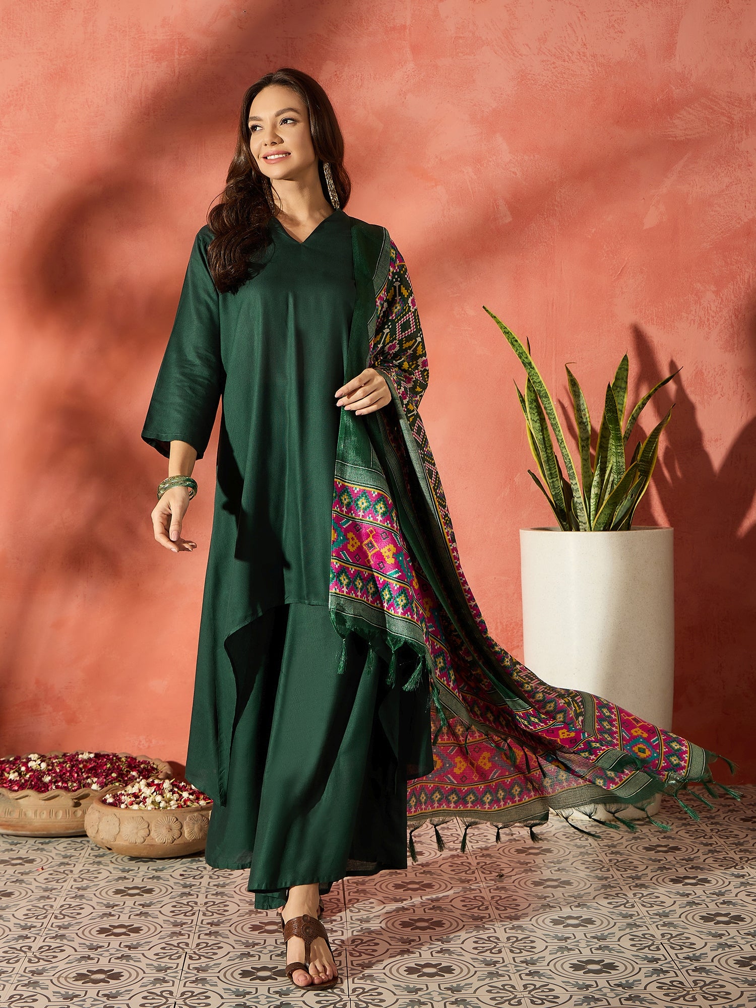 Dark Green Mandarin Patola Kurta Set