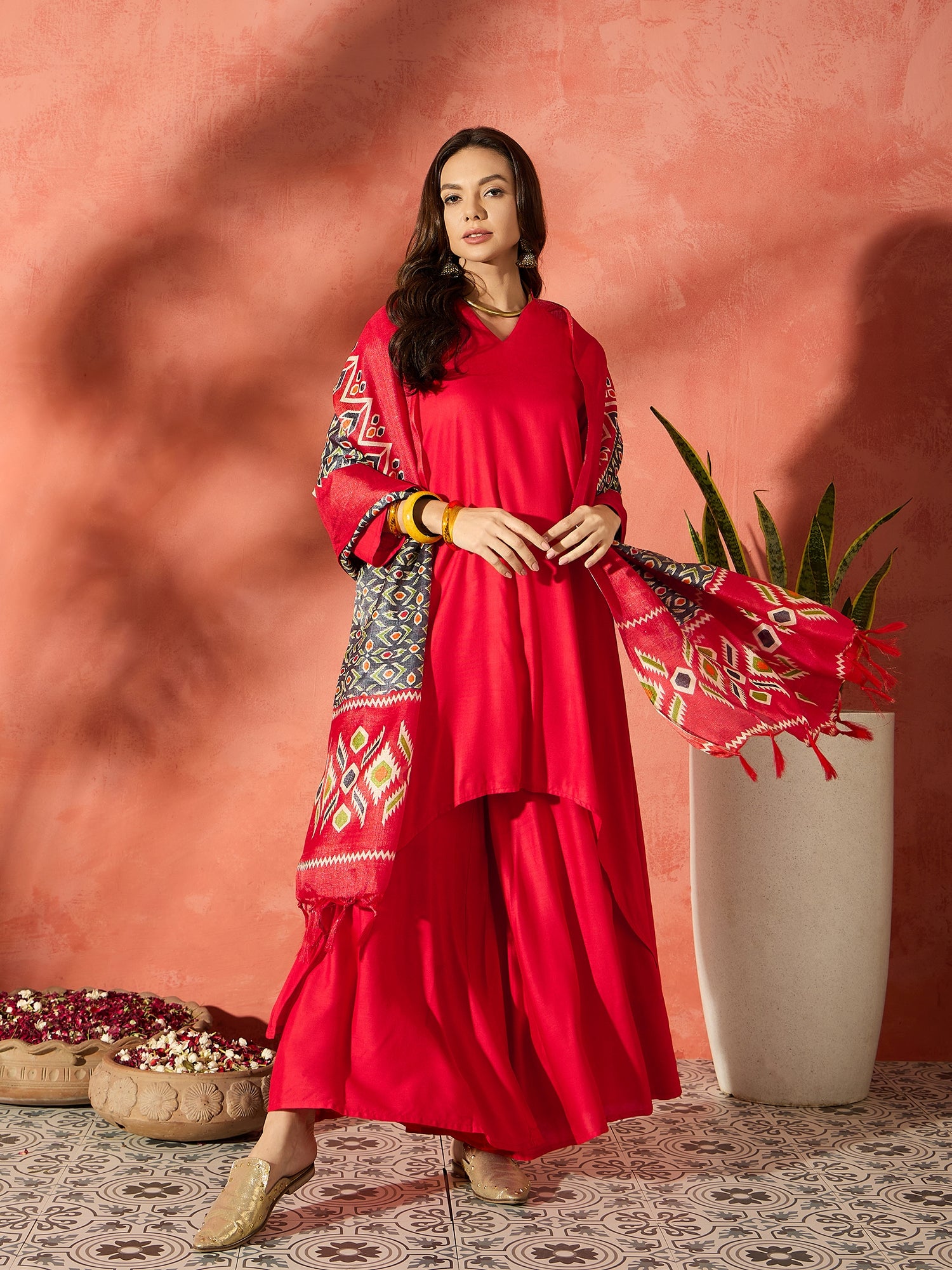 Red Mandarin Patola Kurta Set