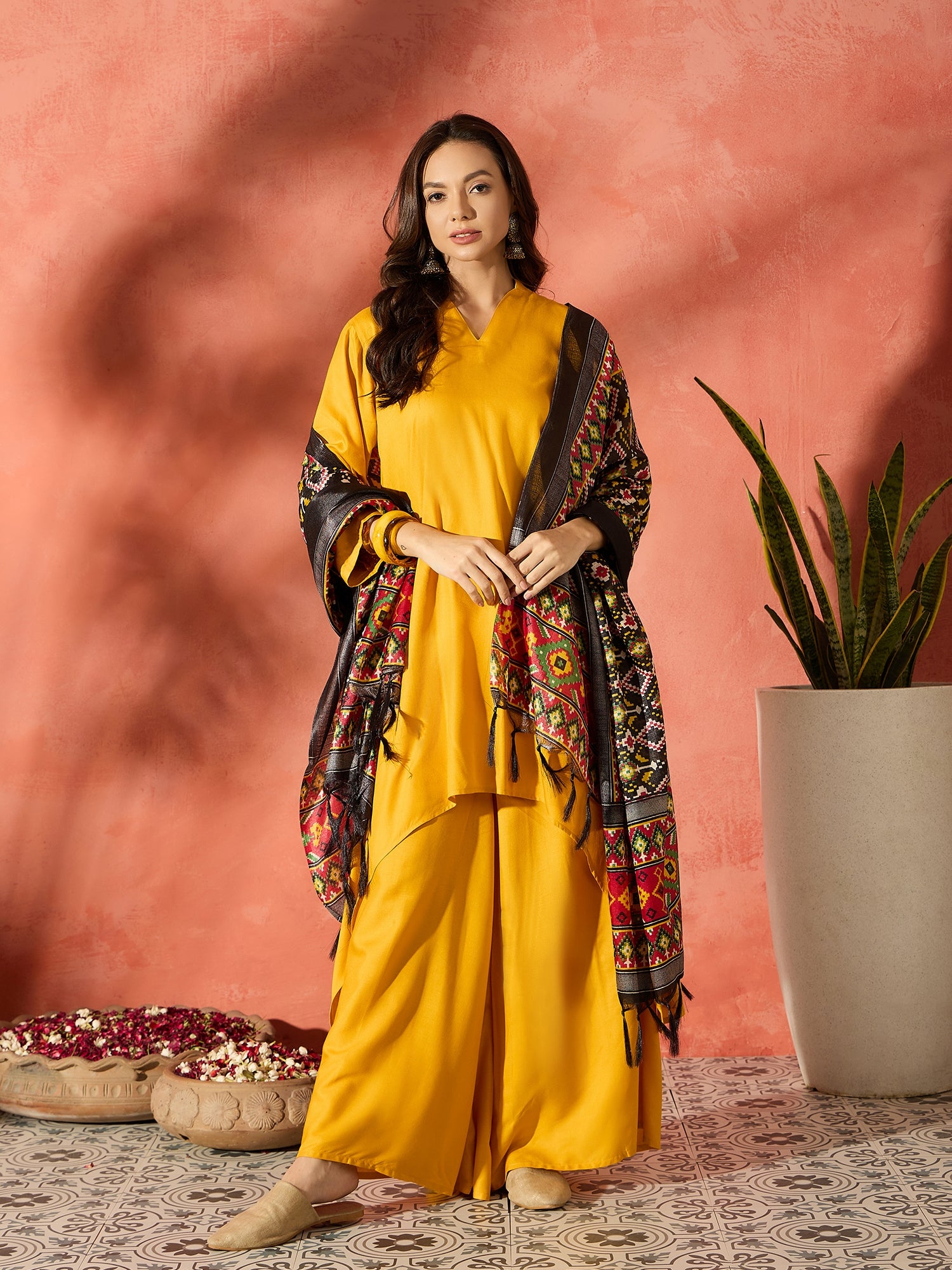 Mustard Mandarin Patola Kurta Set