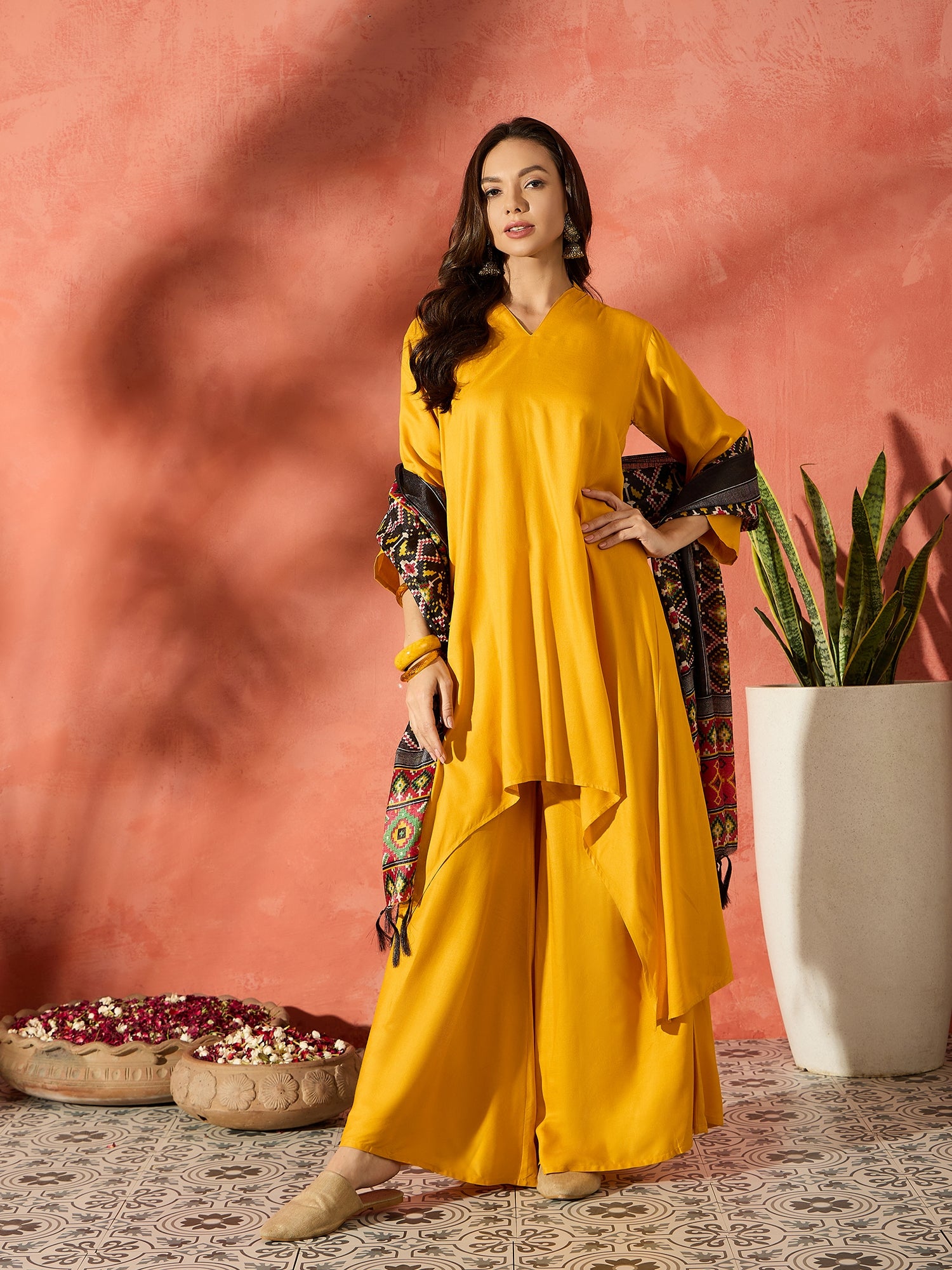 Mustard Mandarin Patola Kurta Set