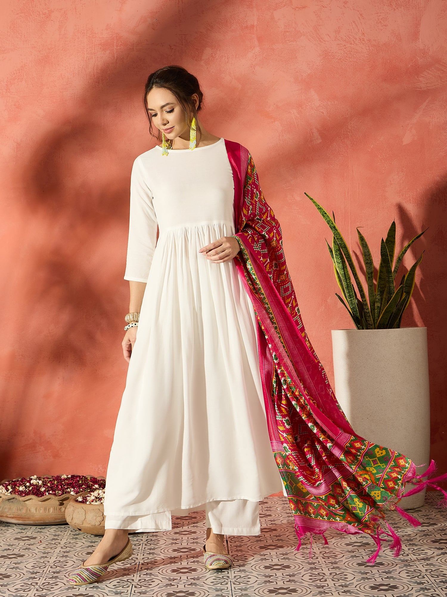 White Anarkali Patola Kurta Set