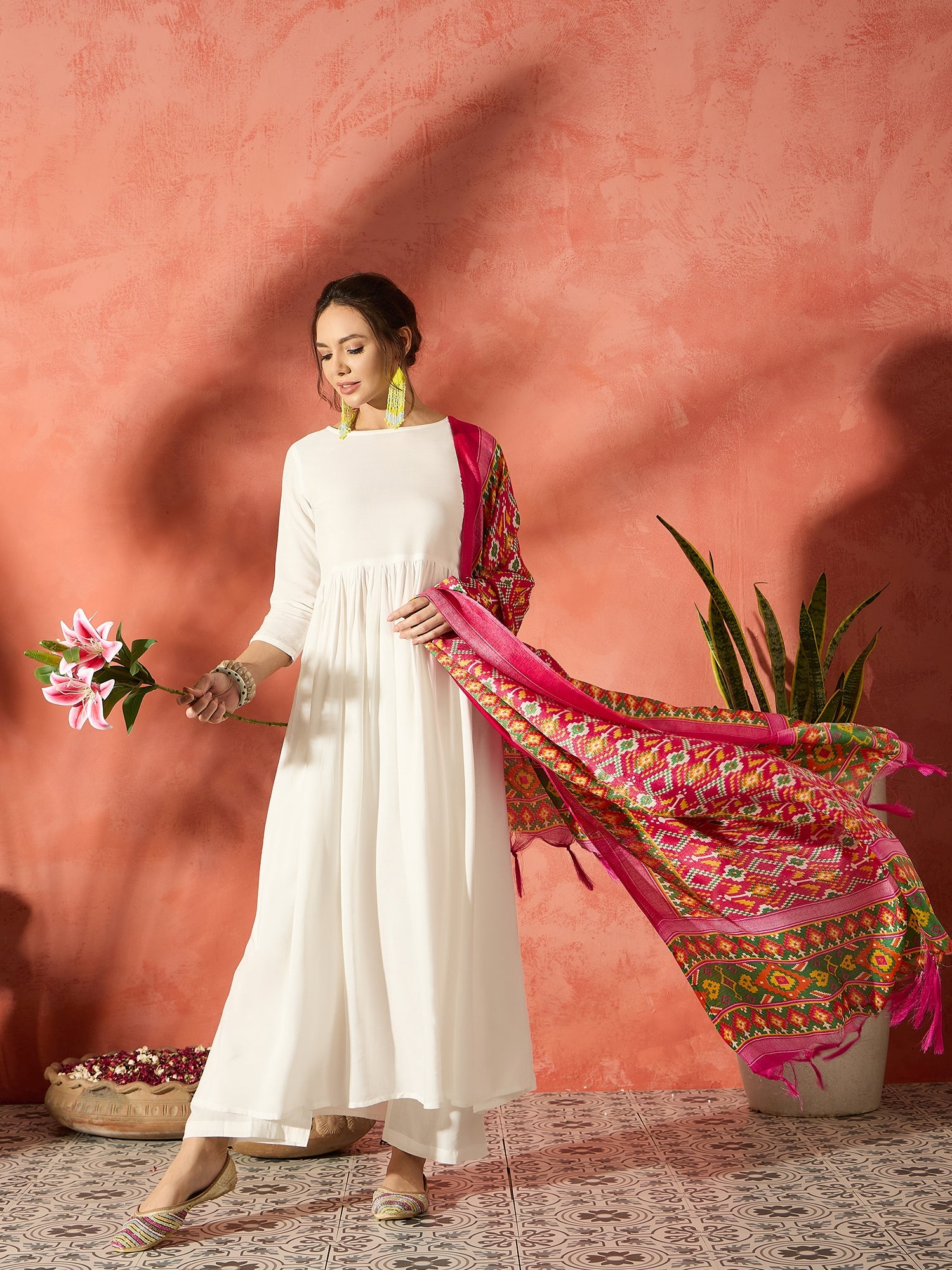 White Anarkali Patola Kurta Set