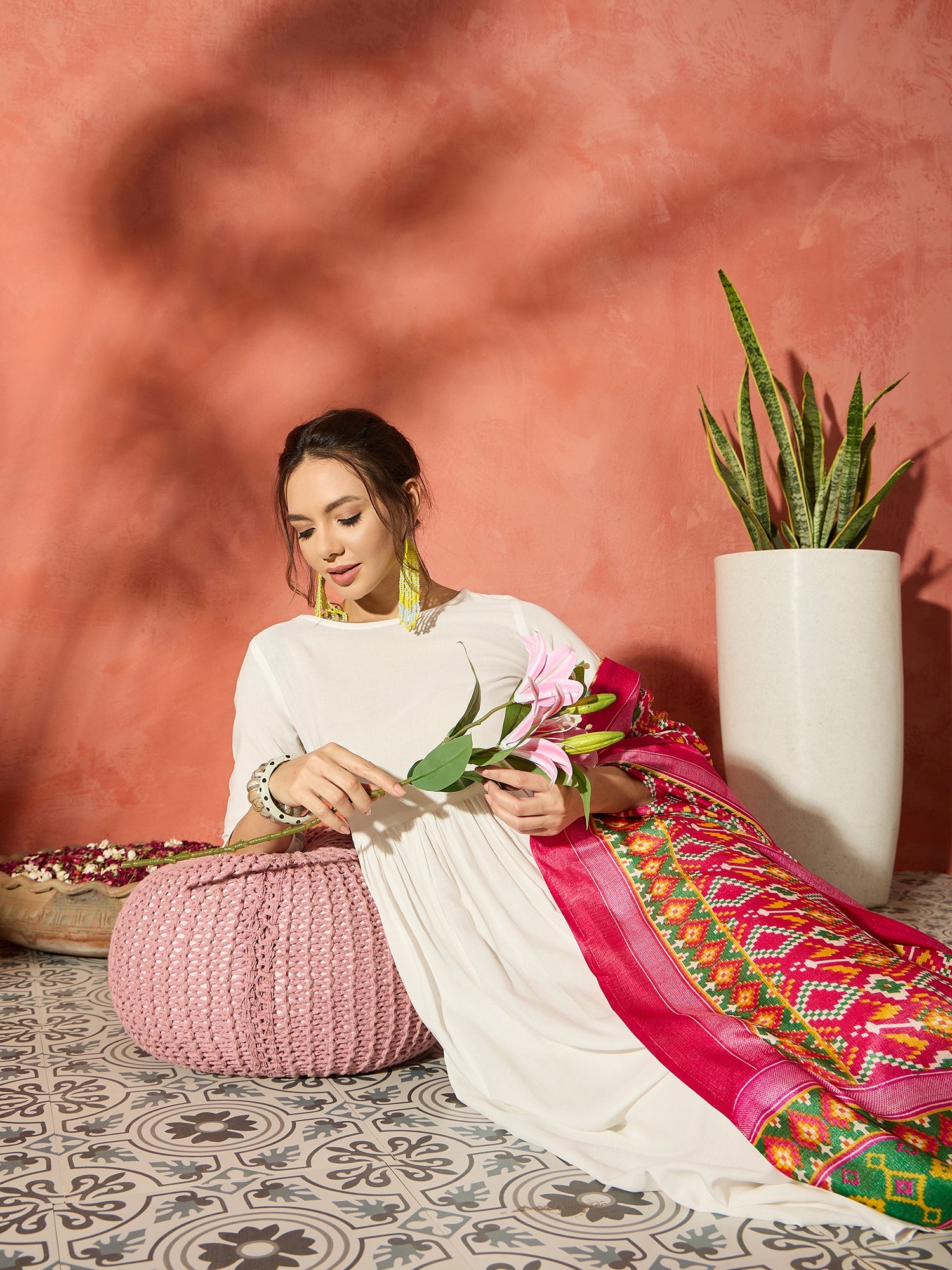 White Anarkali Patola Kurta Set