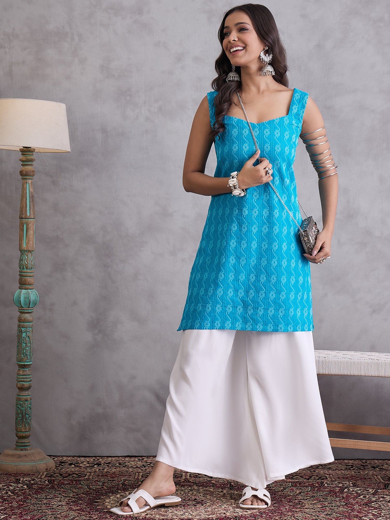 Cyan Blue Kantha Cream Palazzo Set