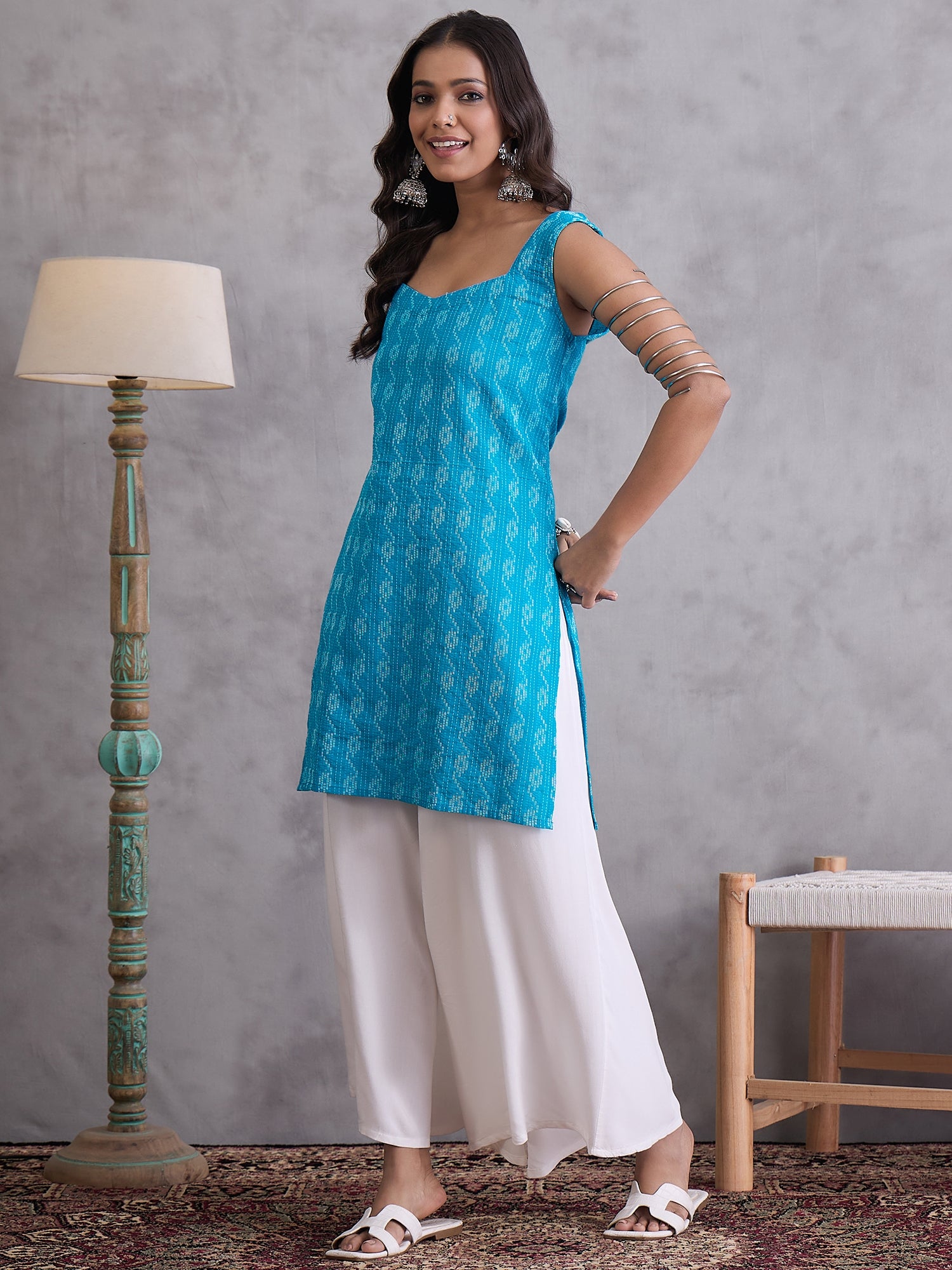 Cyan Blue Kantha Cream Palazzo Set