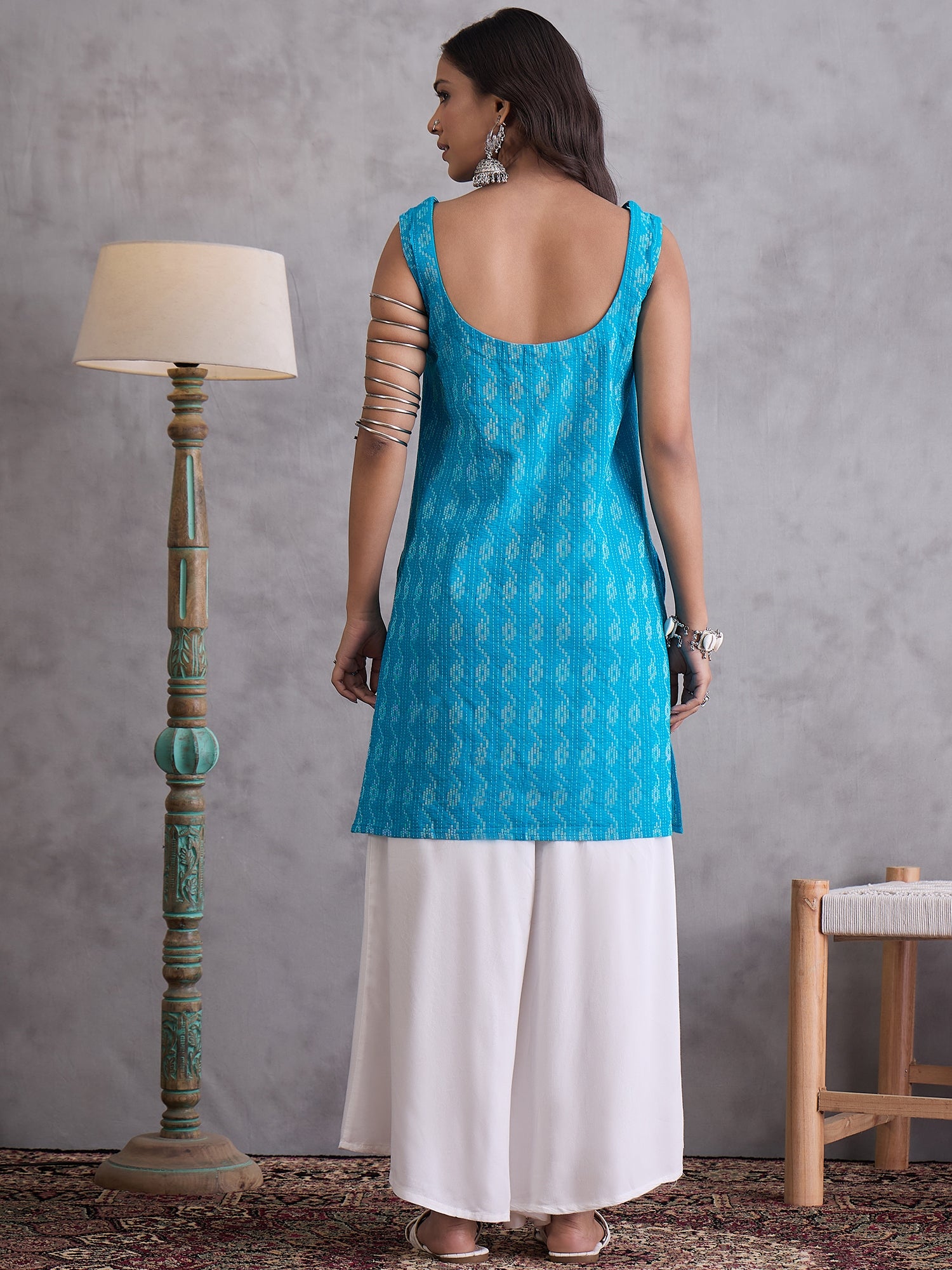 Cyan Blue Kantha Cream Palazzo Set