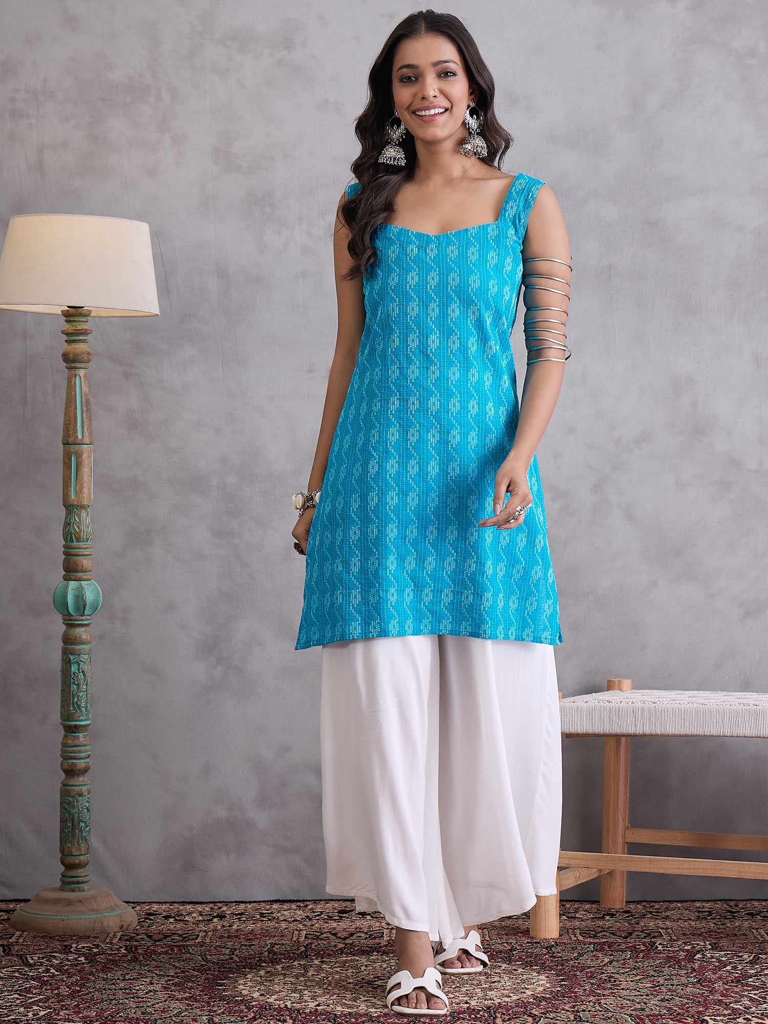 Cyan Blue Kantha Cream Palazzo Set