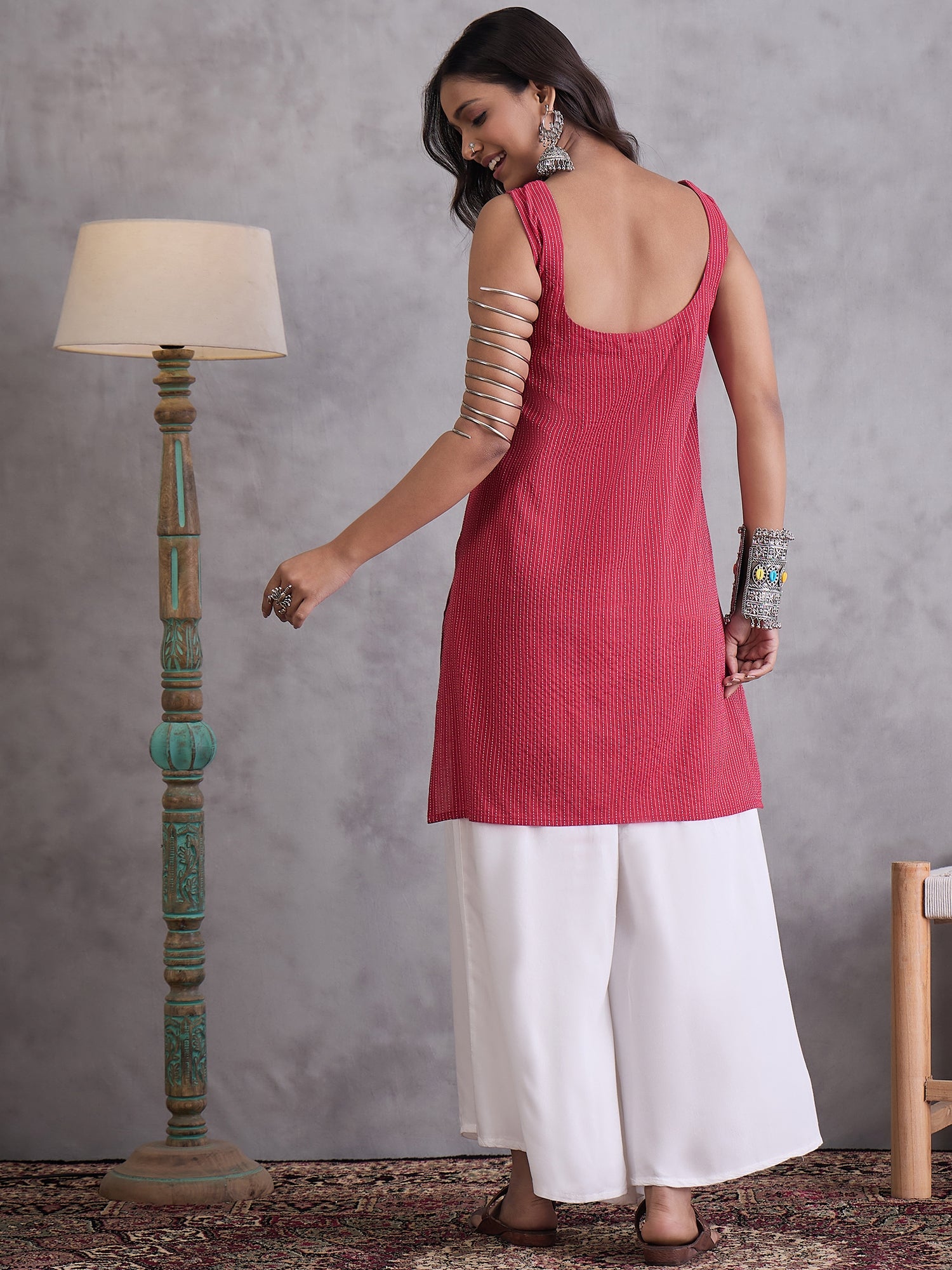 Maroon Kantha Cream Palazzo Set