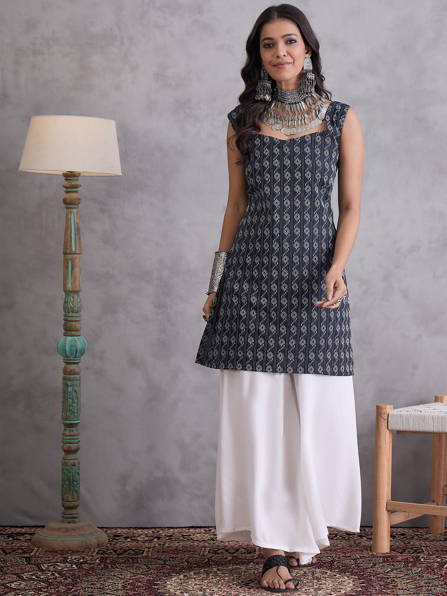 Black Kantha Cream Palazzo Set