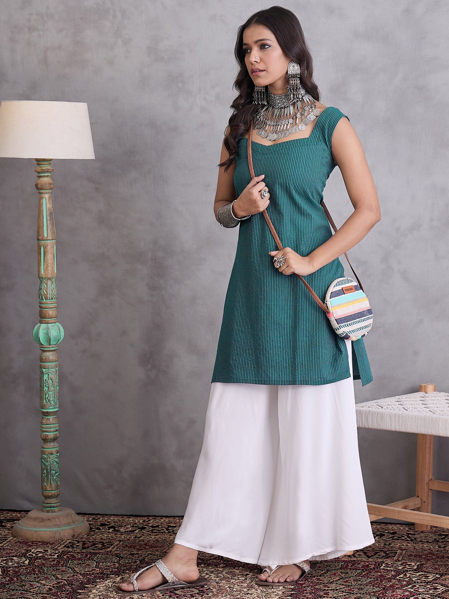 Emerald Green Kantha Cream Palazzo Set